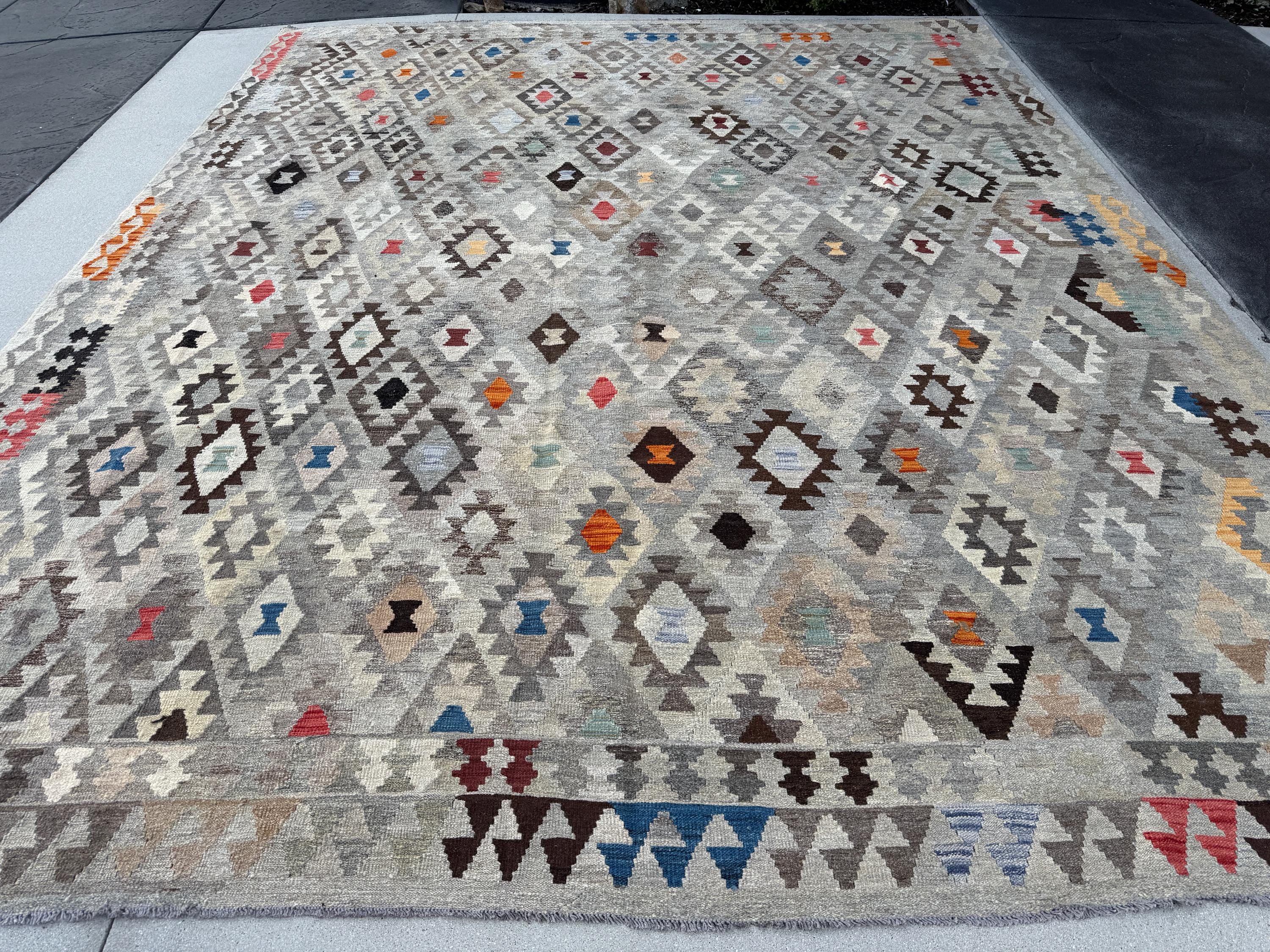 11x13 (335x396) Handmade Afghan Kilim Rug | Grey Gray Beige Charcoal Black Coffee Chocolate Brown Maroon Orange Denim Sky Blue Teal | Wool