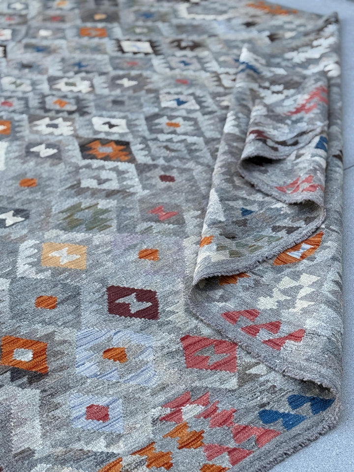 8-9x12 (274x366) Handmade Afghan Kilim Rug | Grey White Ivory Red Burgundy Coral Rust Orange Denim Sapphire Blue Brown Green Tan Sand | Wool