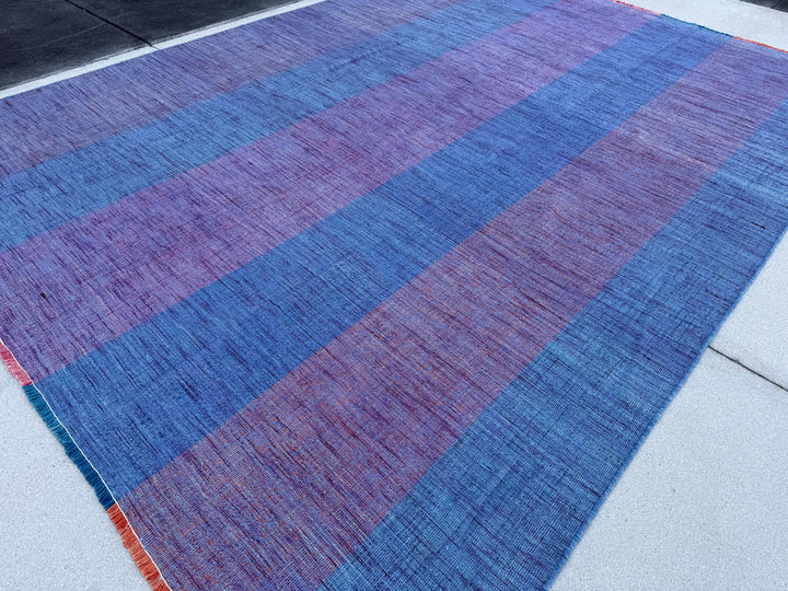 8x12 Handmade Afghan Kilim Rug | Pastel Denim Blue Purple Lavender | Wool Flatwoven Flatweave Handknotted Moroccan Eco-Friendly Outdoor Boho