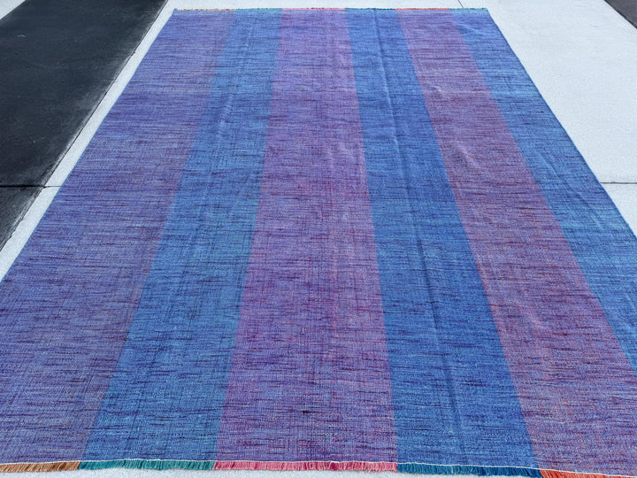 8x12 Handmade Afghan Kilim Rug | Pastel Denim Blue Purple Lavender | Wool Flatwoven Flatweave Handknotted Moroccan Eco-Friendly Outdoor Boho