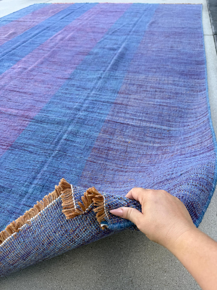 8x12 Handmade Afghan Kilim Rug | Pastel Denim Blue Purple Lavender | Wool Flatwoven Flatweave Handknotted Moroccan Eco-Friendly Outdoor Boho