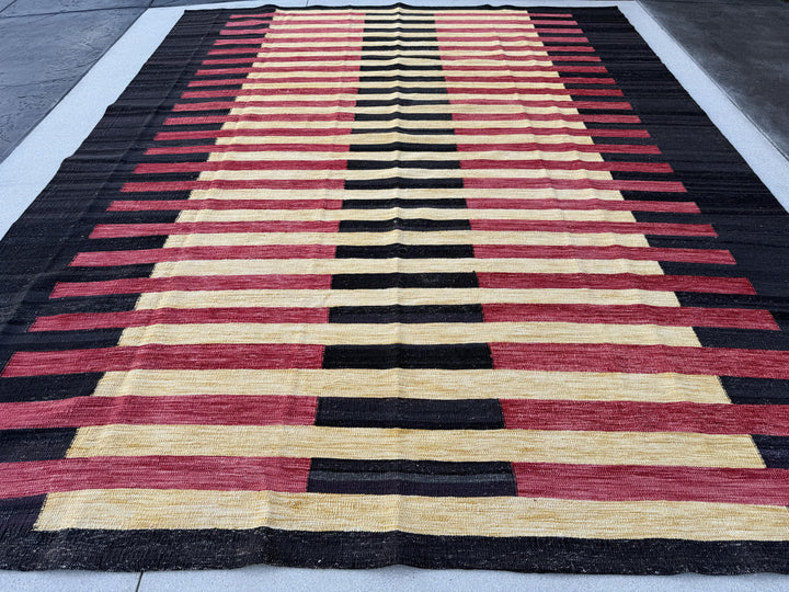 10x13 (305x396) Handmade Afghan Kilim Rug | Black Brick Red Cornsilk Yellow | Wool Handwoven Handknotted Striped Abstract Scandinavian