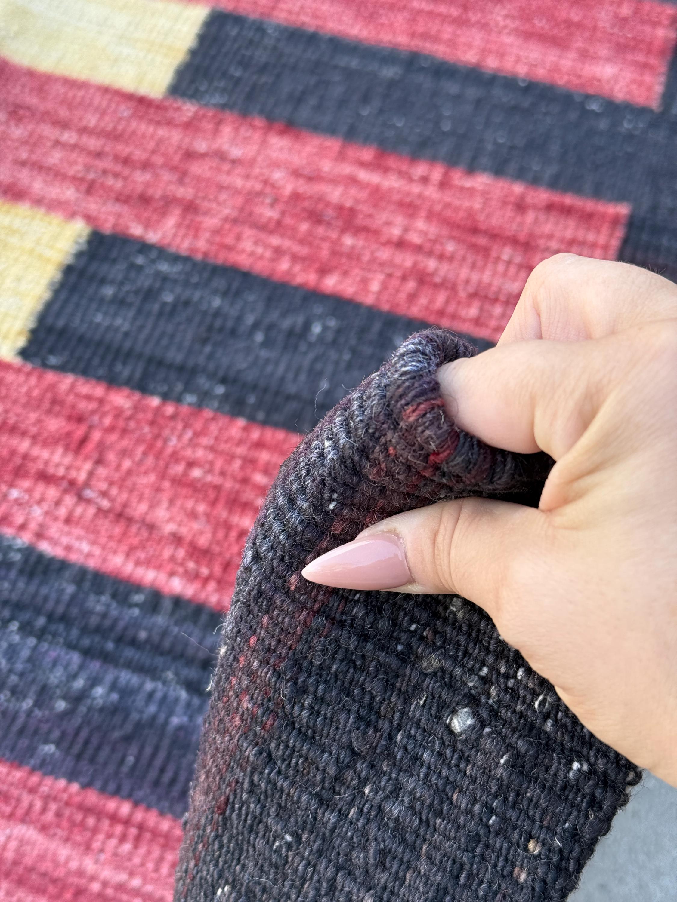 10x13 (305x396) Handmade Afghan Kilim Rug | Black Brick Red Cornsilk Yellow | Wool Handwoven Handknotted Striped Abstract Scandinavian