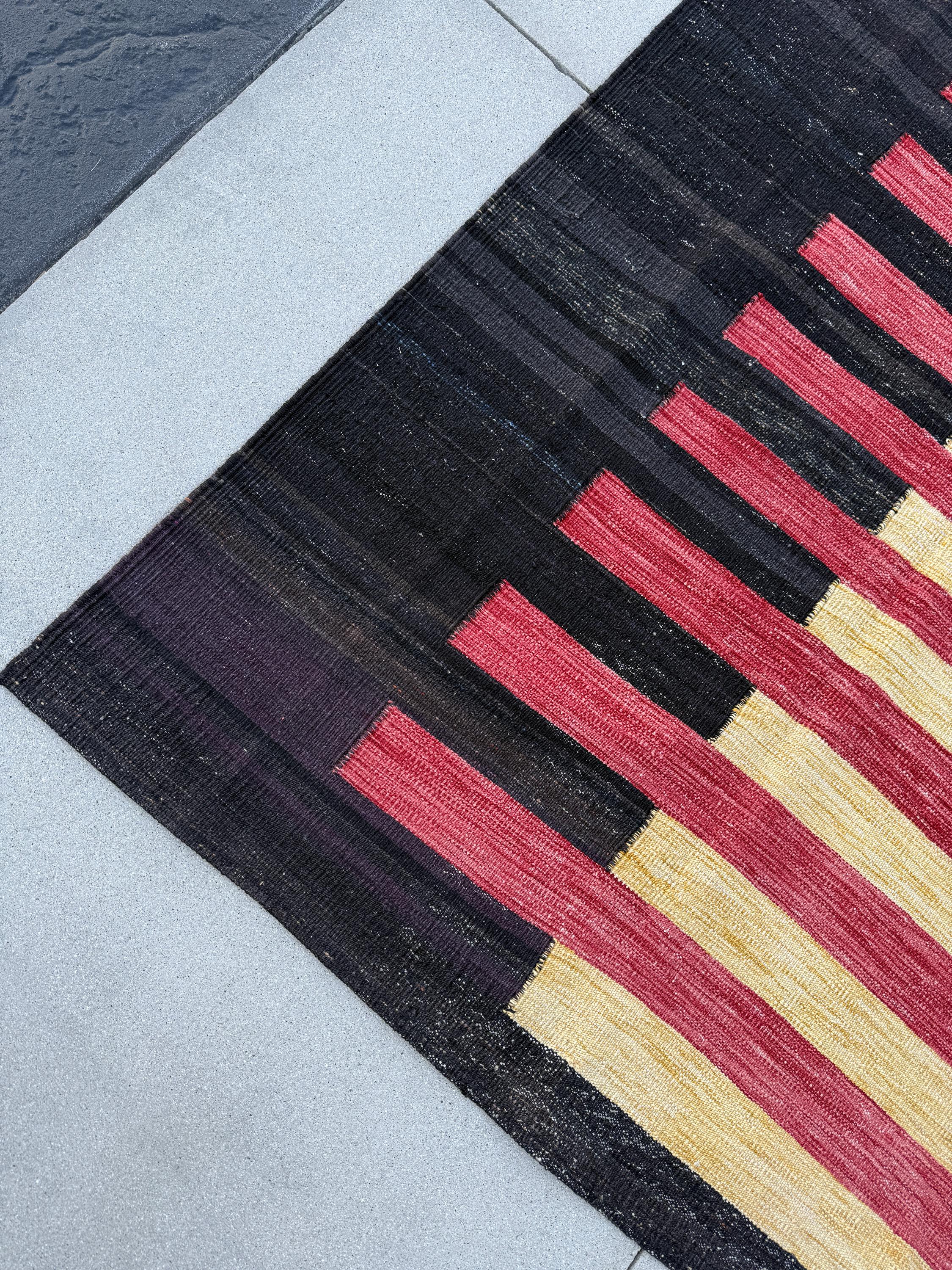 10x13 (305x396) Handmade Afghan Kilim Rug | Black Brick Red Cornsilk Yellow | Wool Handwoven Handknotted Striped Abstract Scandinavian