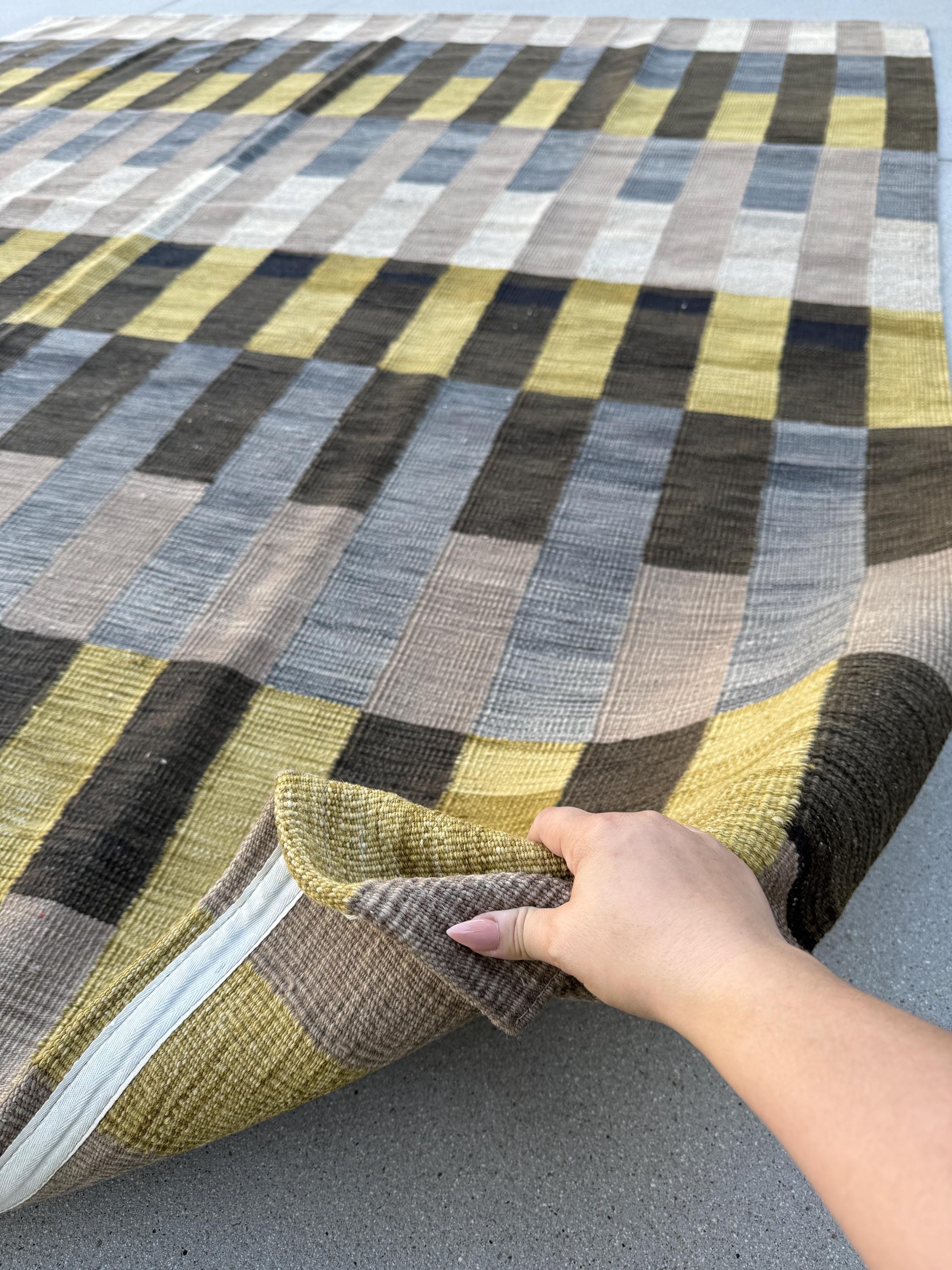 9x10 (274x305) Handmade Afghan Kilim Rug | Grey Charcoal Black Yellow Beige Tan Ivory | Wool Handwoven Handknotted Eco-Friendly Abstract