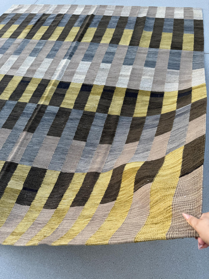 9x10 (274x305) Handmade Afghan Kilim Rug | Grey Charcoal Black Yellow Beige Tan Ivory | Wool Handwoven Handknotted Eco-Friendly Abstract