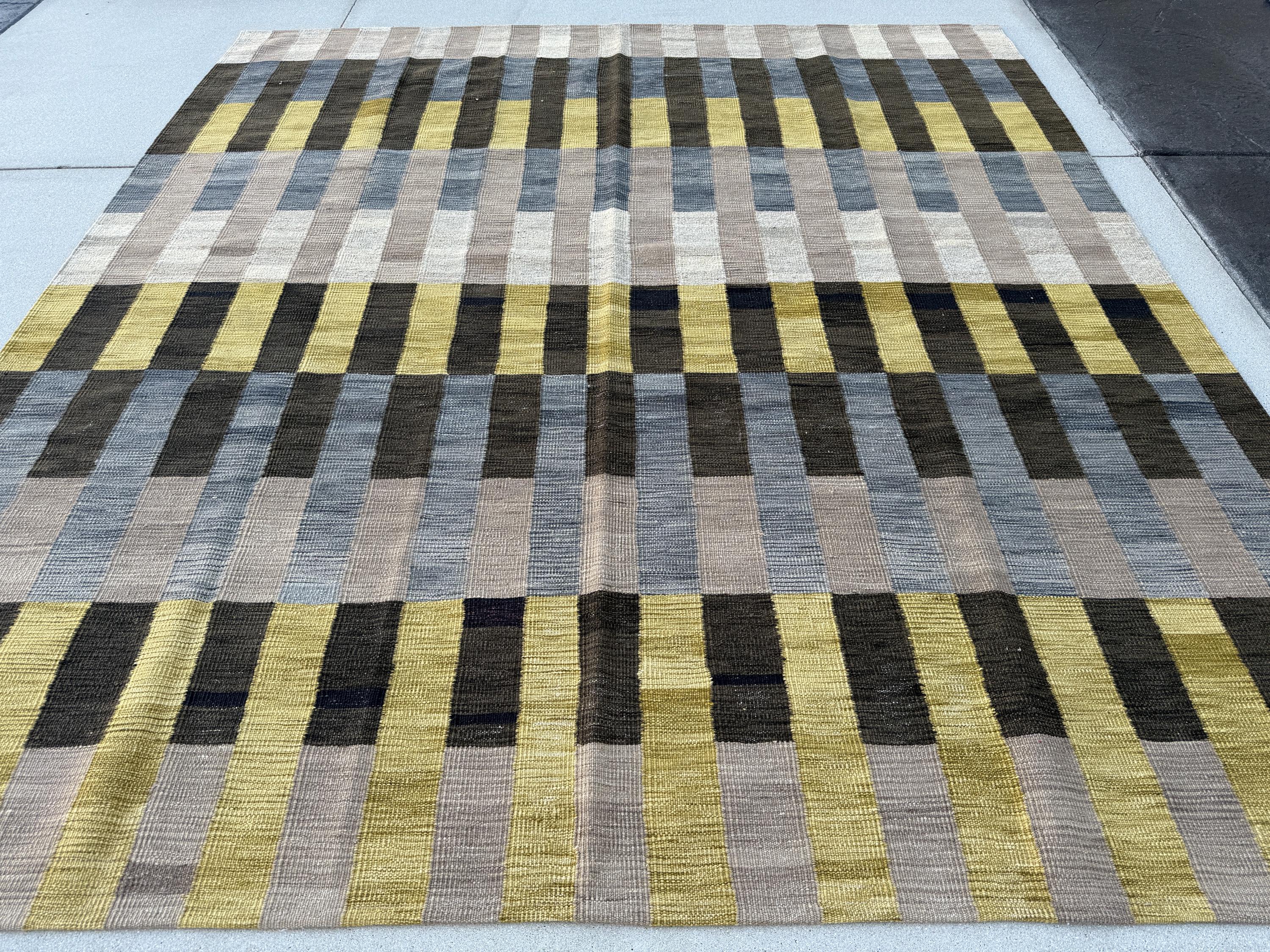 9x10 (274x305) Handmade Afghan Kilim Rug | Grey Charcoal Black Yellow Beige Tan Ivory | Wool Handwoven Handknotted Eco-Friendly Abstract