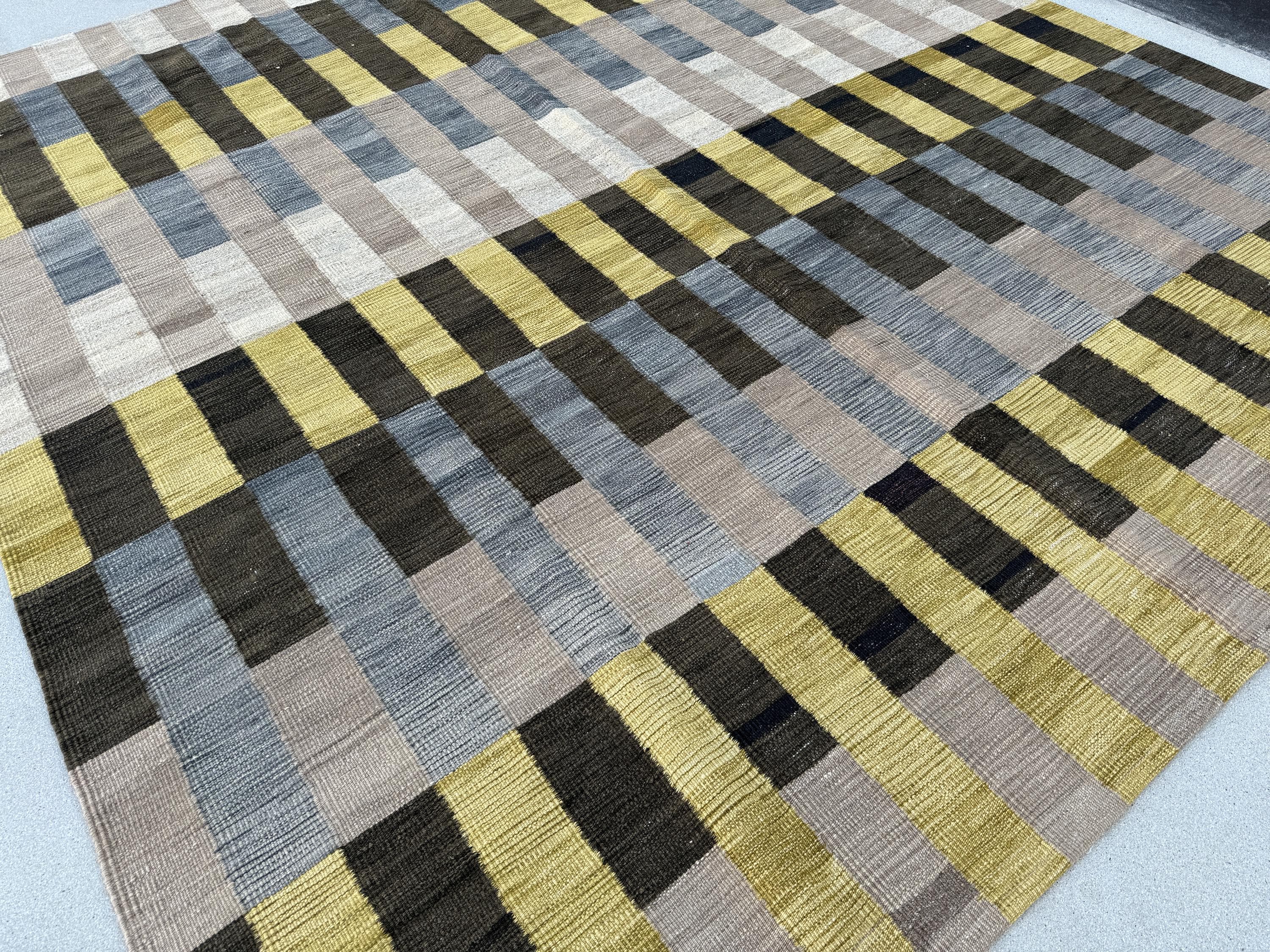 9x10 (274x305) Handmade Afghan Kilim Rug | Grey Charcoal Black Yellow Beige Tan Ivory | Wool Handwoven Handknotted Eco-Friendly Abstract