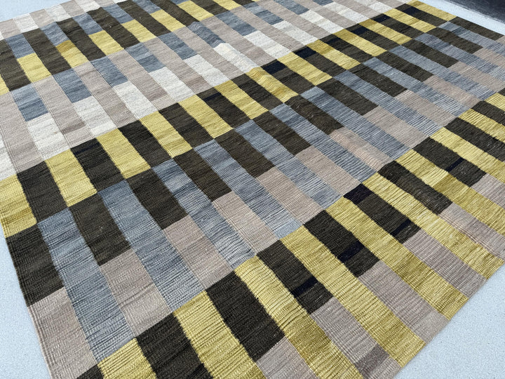 9x10 (274x305) Handmade Afghan Kilim Rug | Grey Charcoal Black Yellow Beige Tan Ivory | Wool Handwoven Handknotted Eco-Friendly Abstract