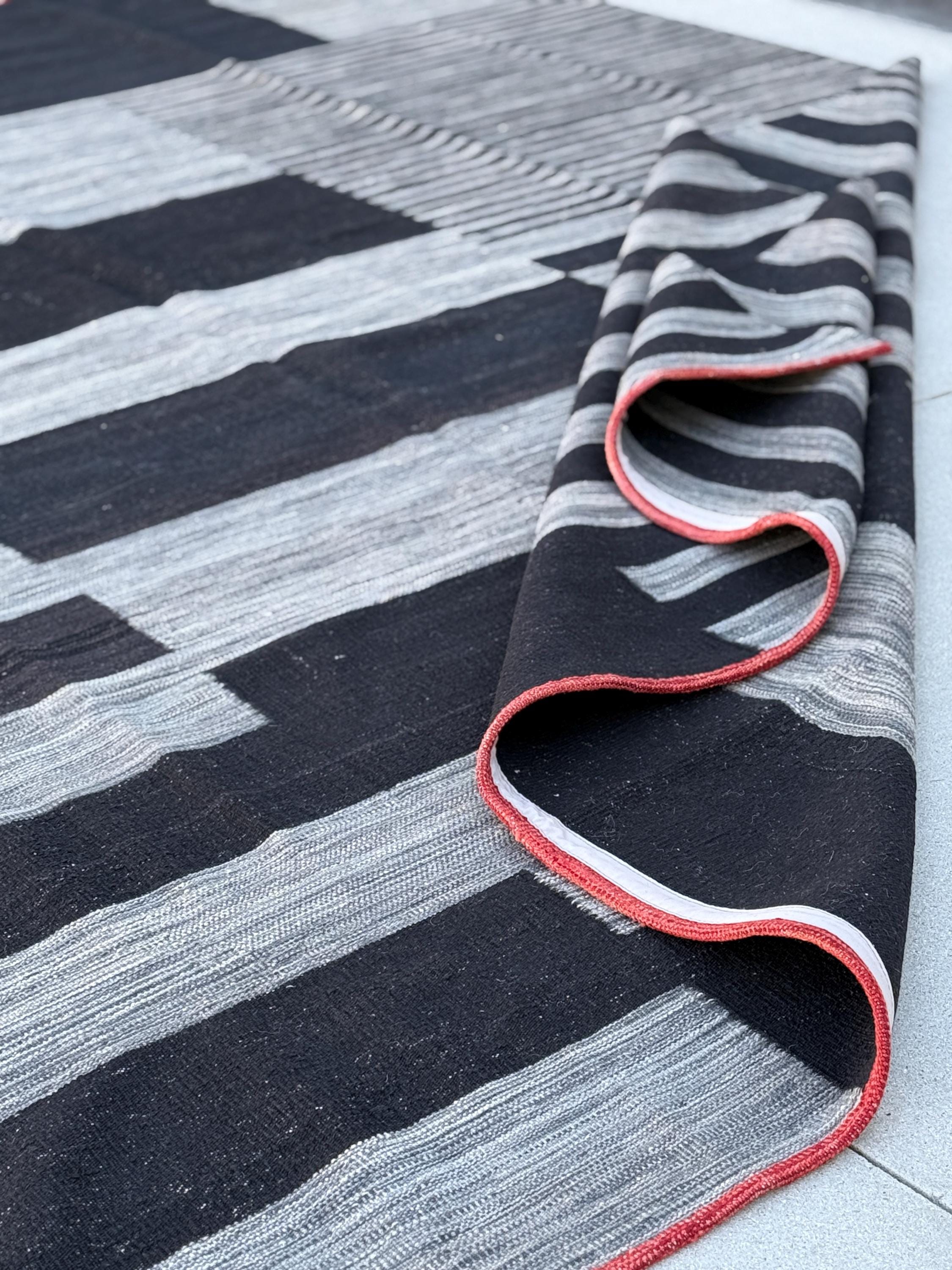 10x13 (305x396) Handmade Afghan Kilim Rug | Black Charcoal Slate Grey Gray Brick Red | Wool Handwoven Abstract Scandinavian Striped