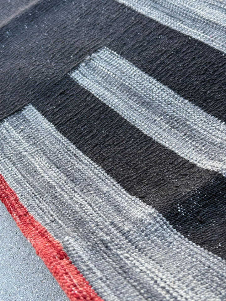 10x13 (305x396) Handmade Afghan Kilim Rug | Black Charcoal Slate Grey Gray Brick Red | Wool Handwoven Abstract Scandinavian Striped