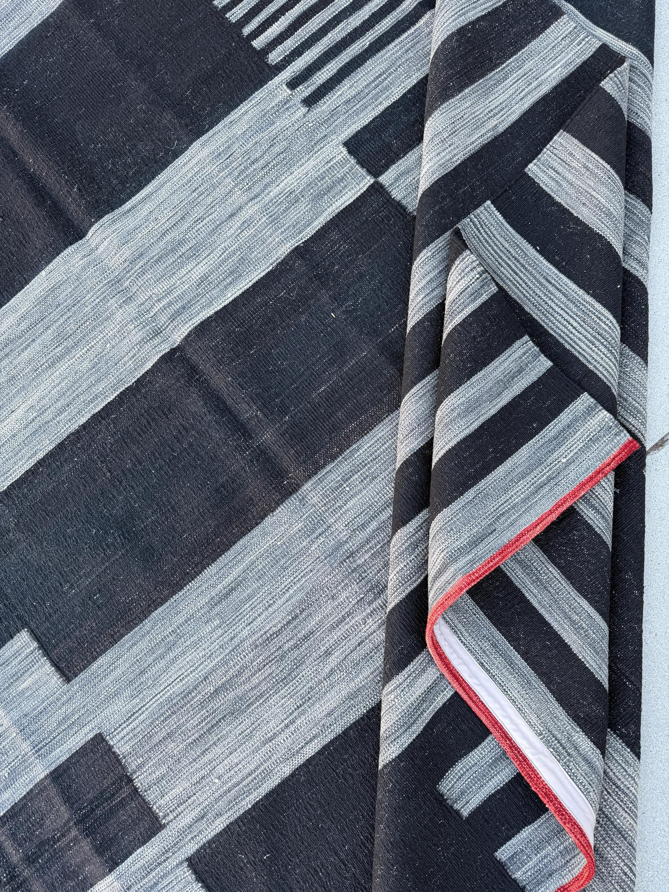 10x13 (305x396) Handmade Afghan Kilim Rug | Black Charcoal Slate Grey Gray Brick Red | Wool Handwoven Abstract Scandinavian Striped