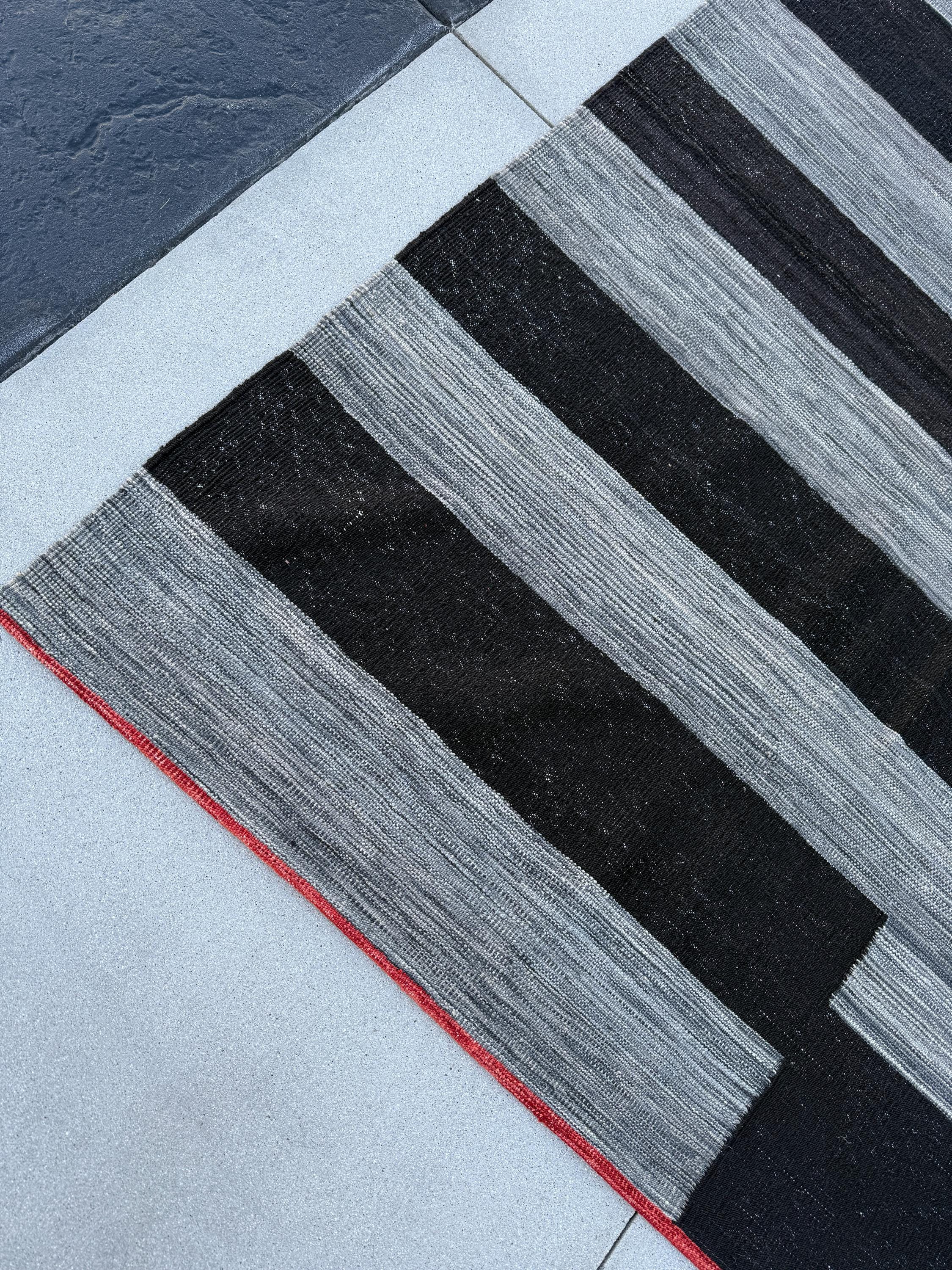 10x13 (305x396) Handmade Afghan Kilim Rug | Black Charcoal Slate Grey Gray Brick Red | Wool Handwoven Abstract Scandinavian Striped