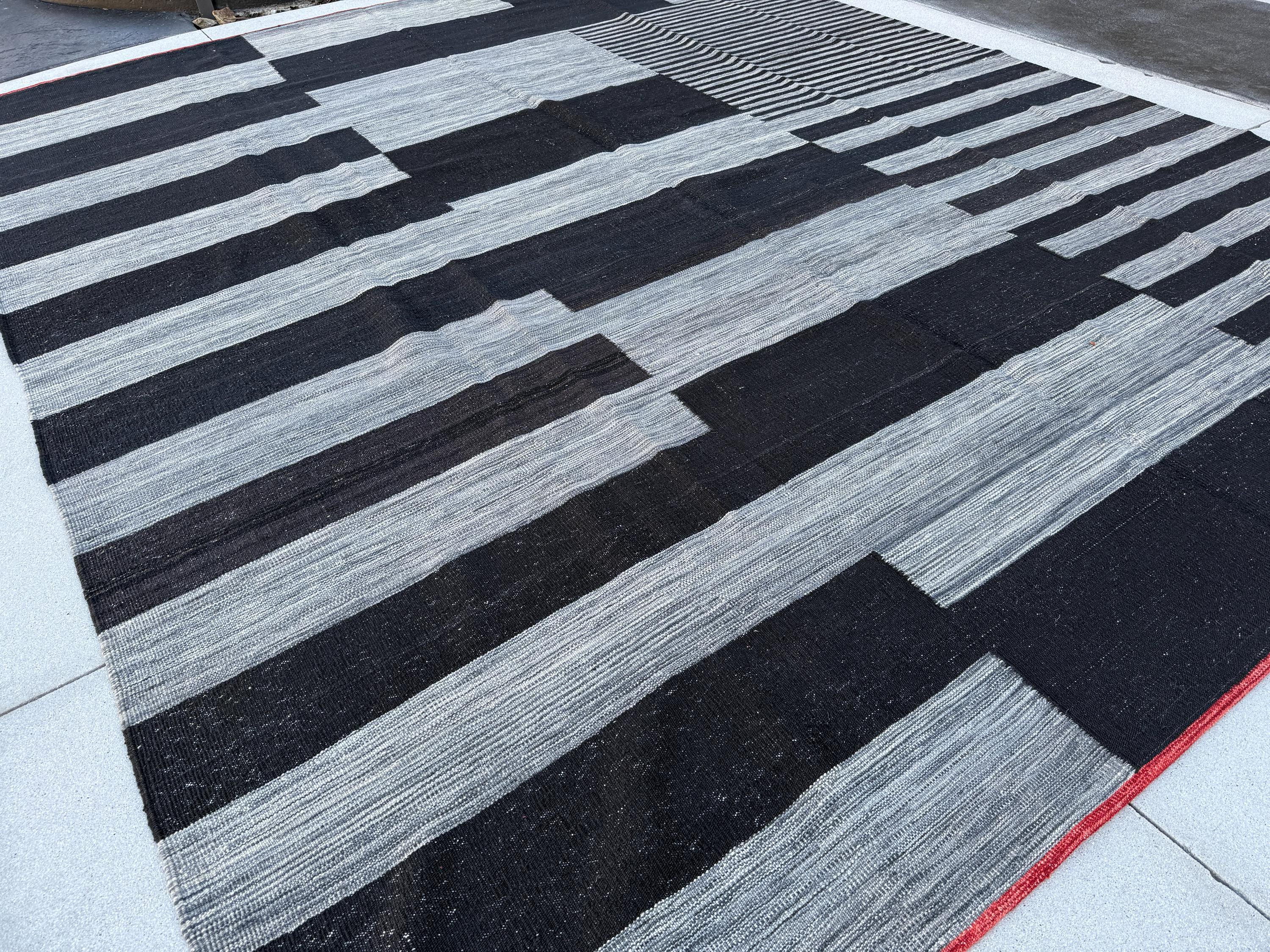 10x13 (305x396) Handmade Afghan Kilim Rug | Black Charcoal Slate Grey Gray Brick Red | Wool Handwoven Abstract Scandinavian Striped