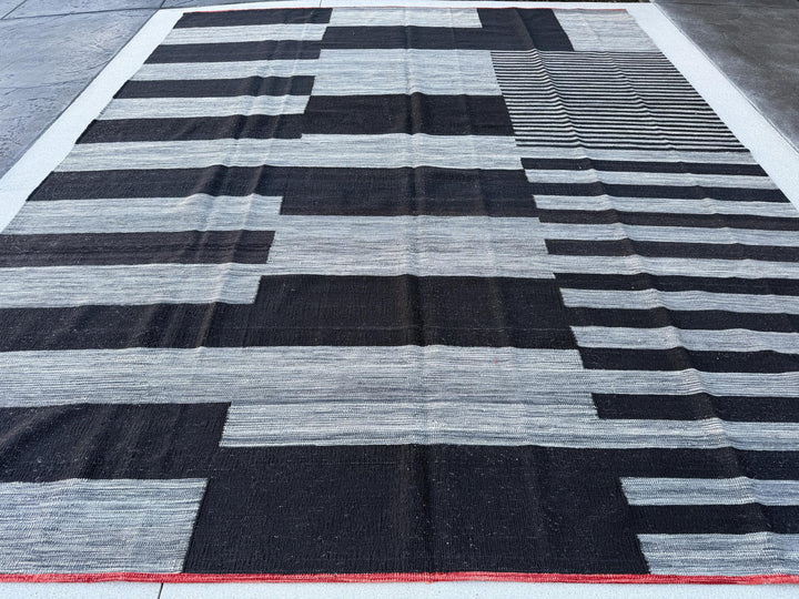 10x13 (305x396) Handmade Afghan Kilim Rug | Black Charcoal Slate Grey Gray Brick Red | Wool Handwoven Abstract Scandinavian Striped