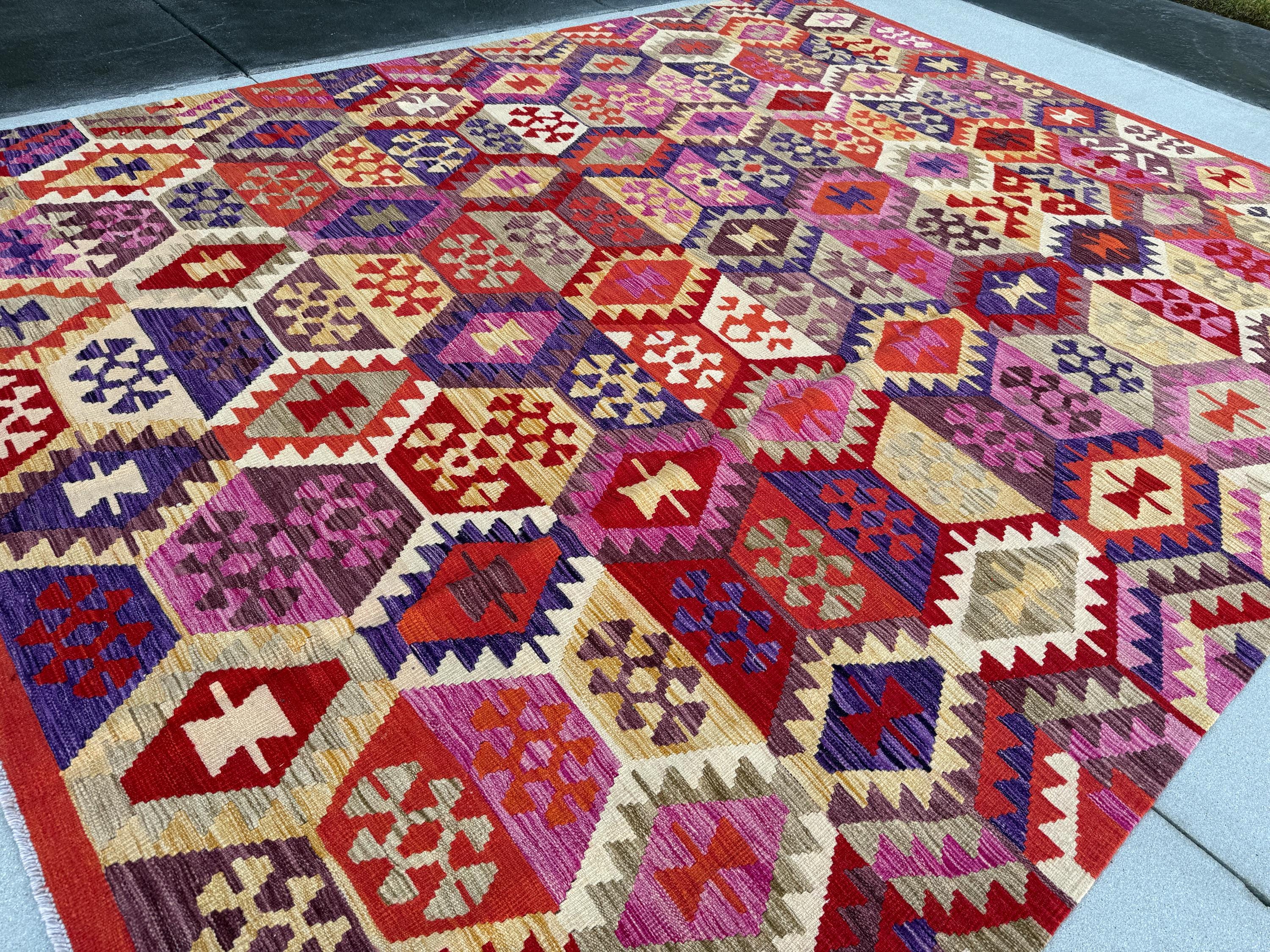 9x12 (274x366) Handmade Afghan Kilim Rug | Orange Eggplant Purple Fuchsia Blush Pink Cream Beige Gold Yellow Brown Sand Tan | Flatweave Wool