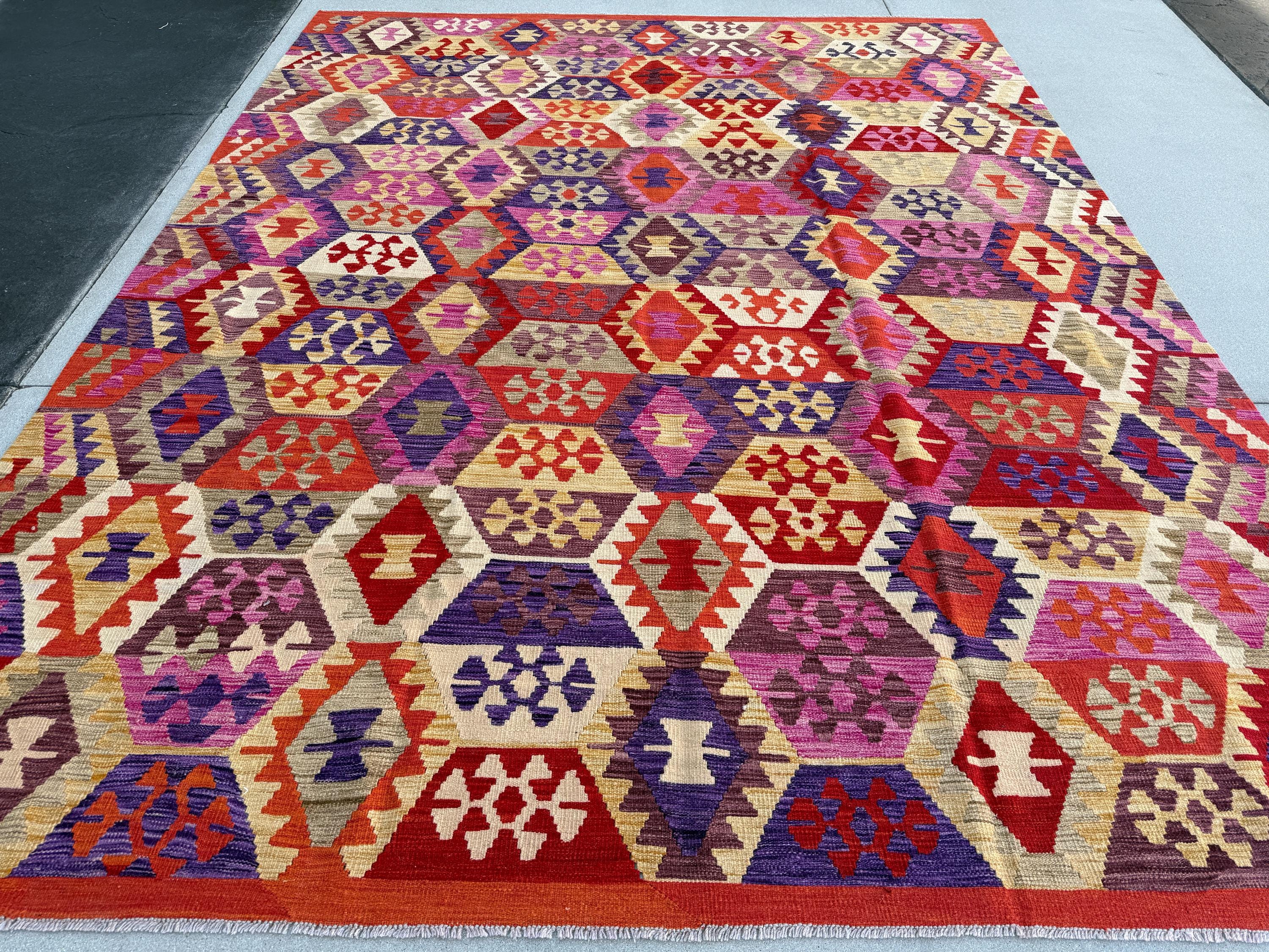 9x12 (274x366) Handmade Afghan Kilim Rug | Orange Eggplant Purple Fuchsia Blush Pink Cream Beige Gold Yellow Brown Sand Tan | Flatweave Wool