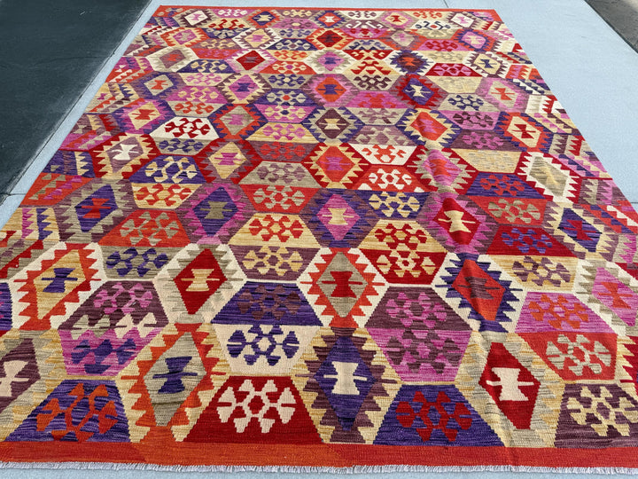 9x12 (274x366) Handmade Afghan Kilim Rug | Orange Eggplant Purple Fuchsia Blush Pink Cream Beige Gold Yellow Brown Sand Tan | Flatweave Wool