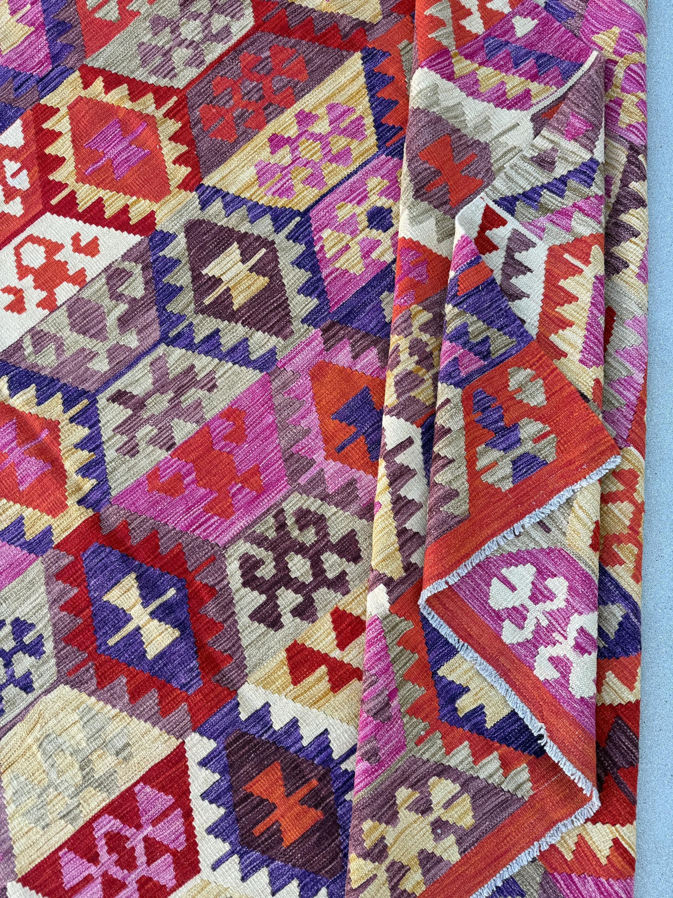 9x12 (274x366) Handmade Afghan Kilim Rug | Orange Eggplant Purple Fuchsia Blush Pink Cream Beige Gold Yellow Brown Sand Tan | Flatweave Wool