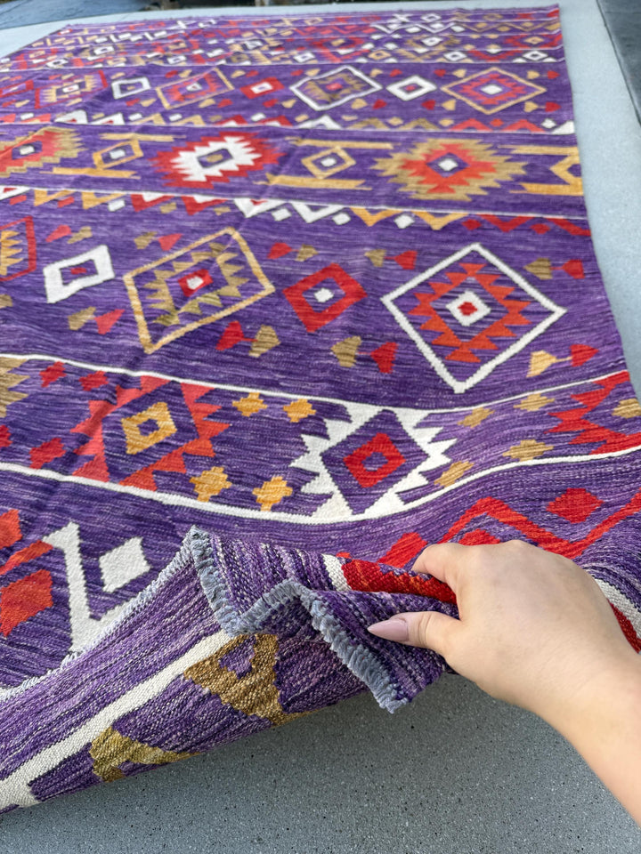 9x12 (274x305) Handmade Afghan Kilim Rug | Eggplant Purple Crimson Red Saffron White Moss Green | Flatweave Boho Wool Turkish Outdoor