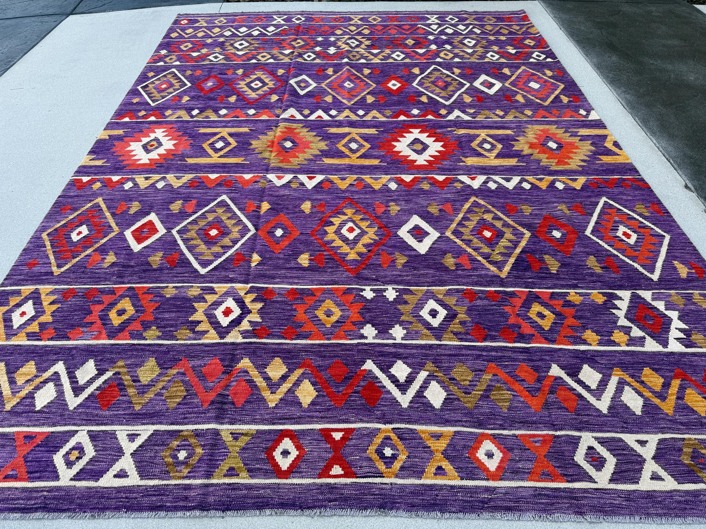 9x12 (274x305) Handmade Afghan Kilim Rug | Eggplant Purple Crimson Red Saffron White Moss Green | Flatweave Boho Wool Turkish Outdoor