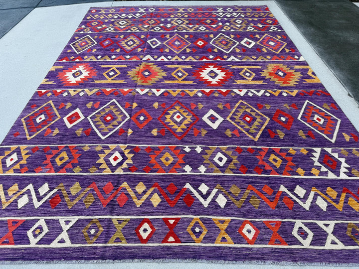 9x12 (274x305) Handmade Afghan Kilim Rug | Eggplant Purple Crimson Red Saffron White Moss Green | Flatweave Boho Wool Turkish Outdoor