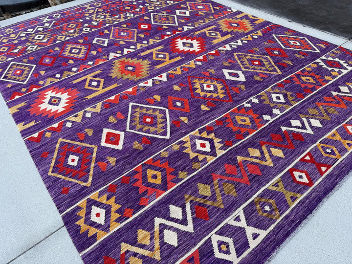 9x12 (274x305) Handmade Afghan Kilim Rug | Eggplant Purple Crimson Red Saffron White Moss Green | Flatweave Boho Wool Turkish Outdoor