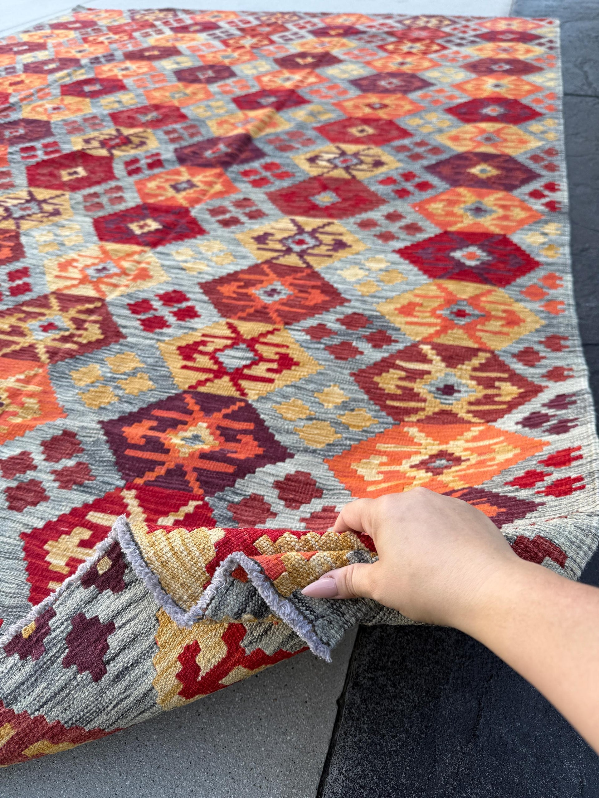 8-9x11 (274x335) Handmade Afghan Kilim Rug | Cherry Crimson Red Coral Orange Golden Yellow Gray Dark Maroon | Flatweave Boho Wool