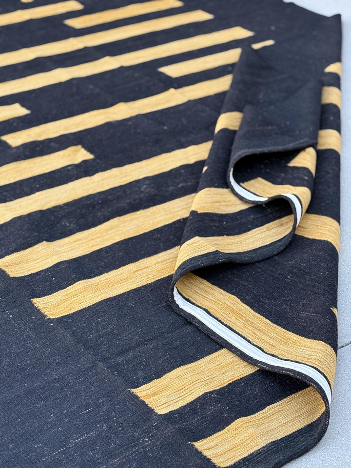 7x10 (213x305) Handmade Afghan Kilim Rug | Black Gold Mustard Yellow Charcoal | Wool Hand Knotted Striped Color Block Abstract Bold