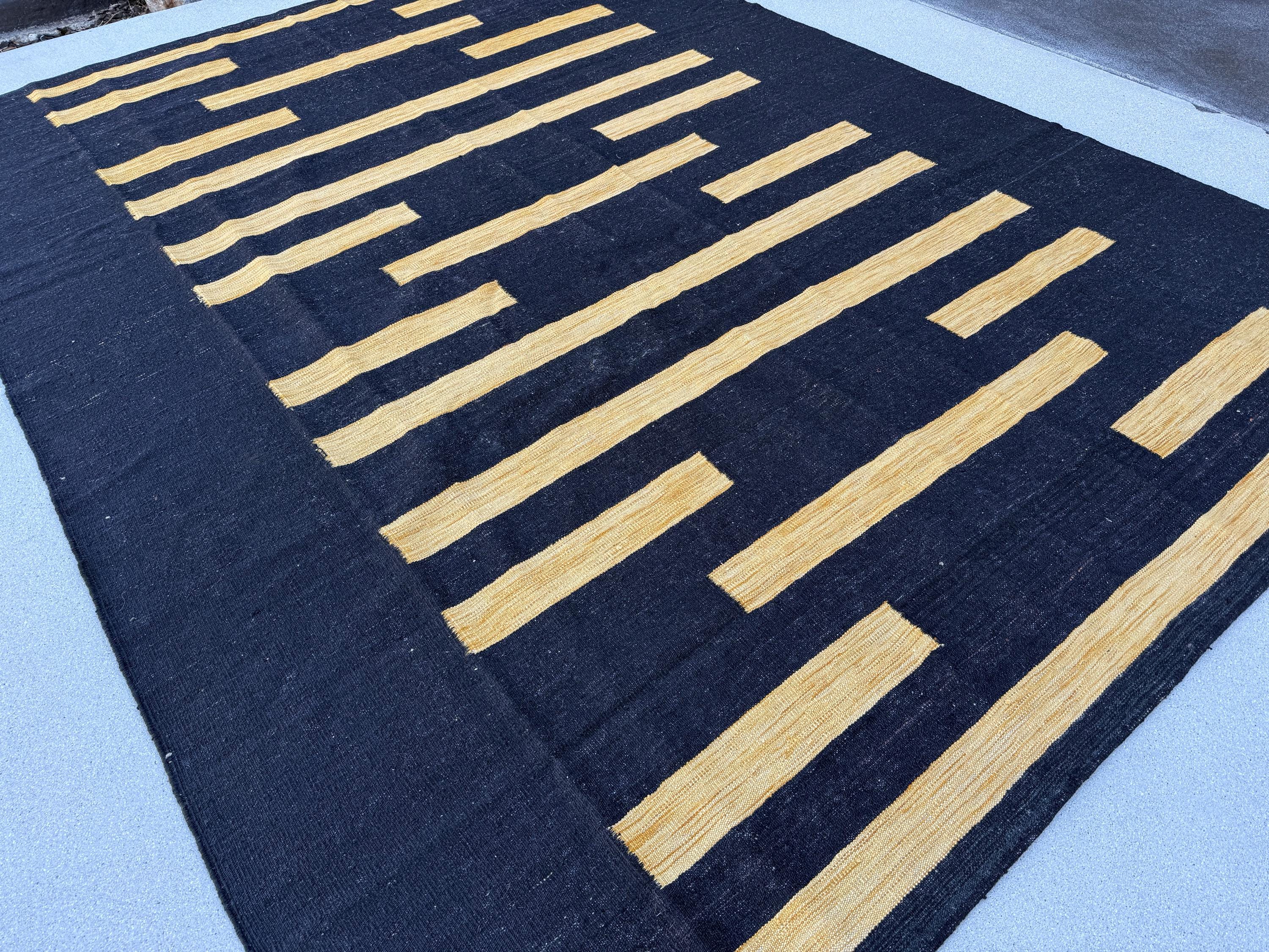 7x10 (213x305) Handmade Afghan Kilim Rug | Black Gold Mustard Yellow Charcoal | Wool Hand Knotted Striped Color Block Abstract Bold