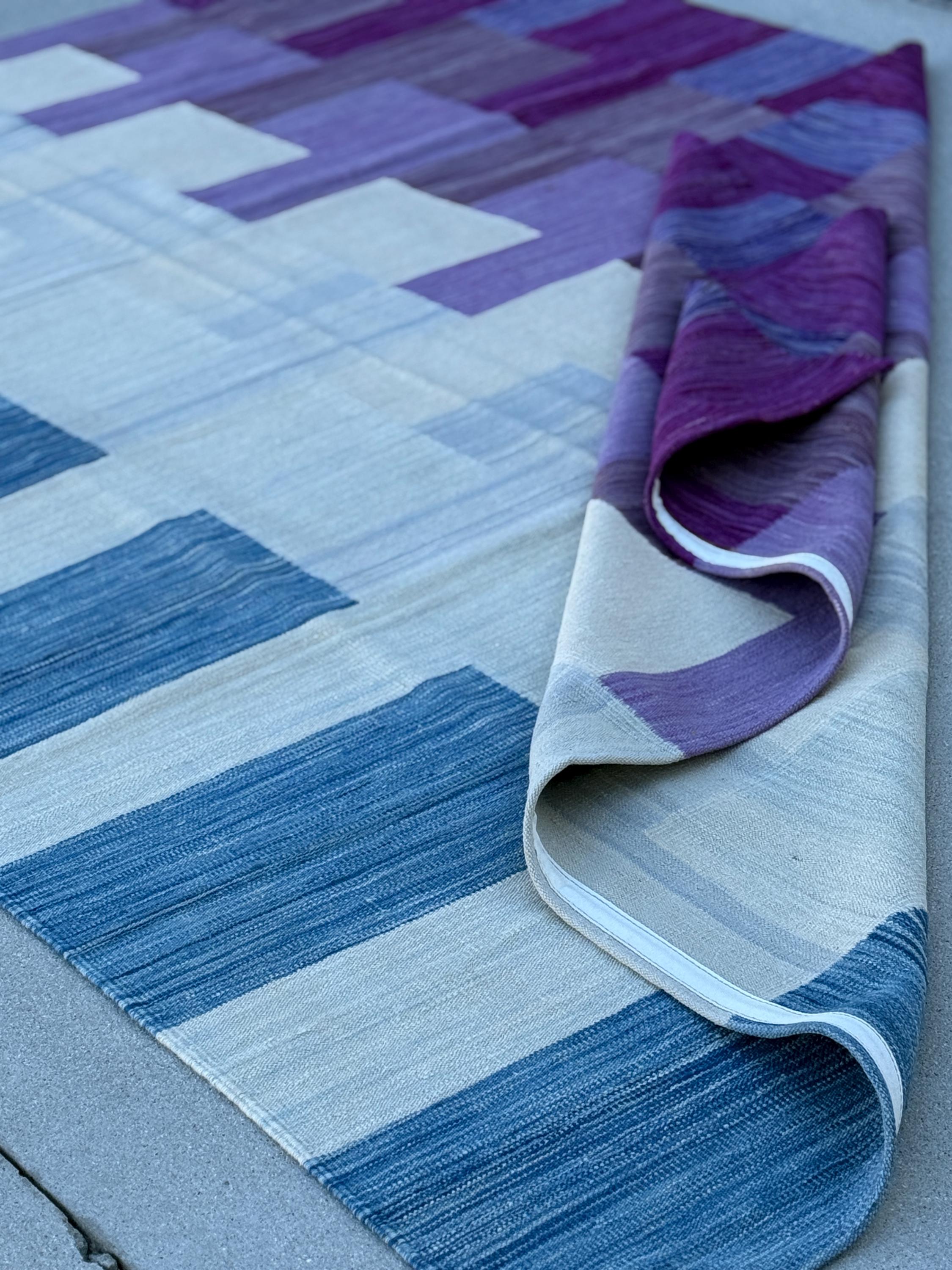 7x10 (213x305) Handmade Afghan Kilim Rug | Lavender Violet Eggplant Purple White Denim Powder Blue | Wool Handwoven Abstract Modern