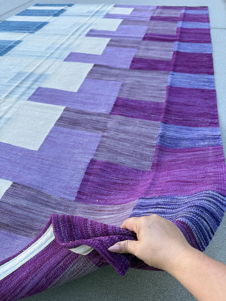 7x10 (213x305) Handmade Afghan Kilim Rug | Lavender Violet Eggplant Purple White Denim Powder Blue | Wool Handwoven Abstract Modern