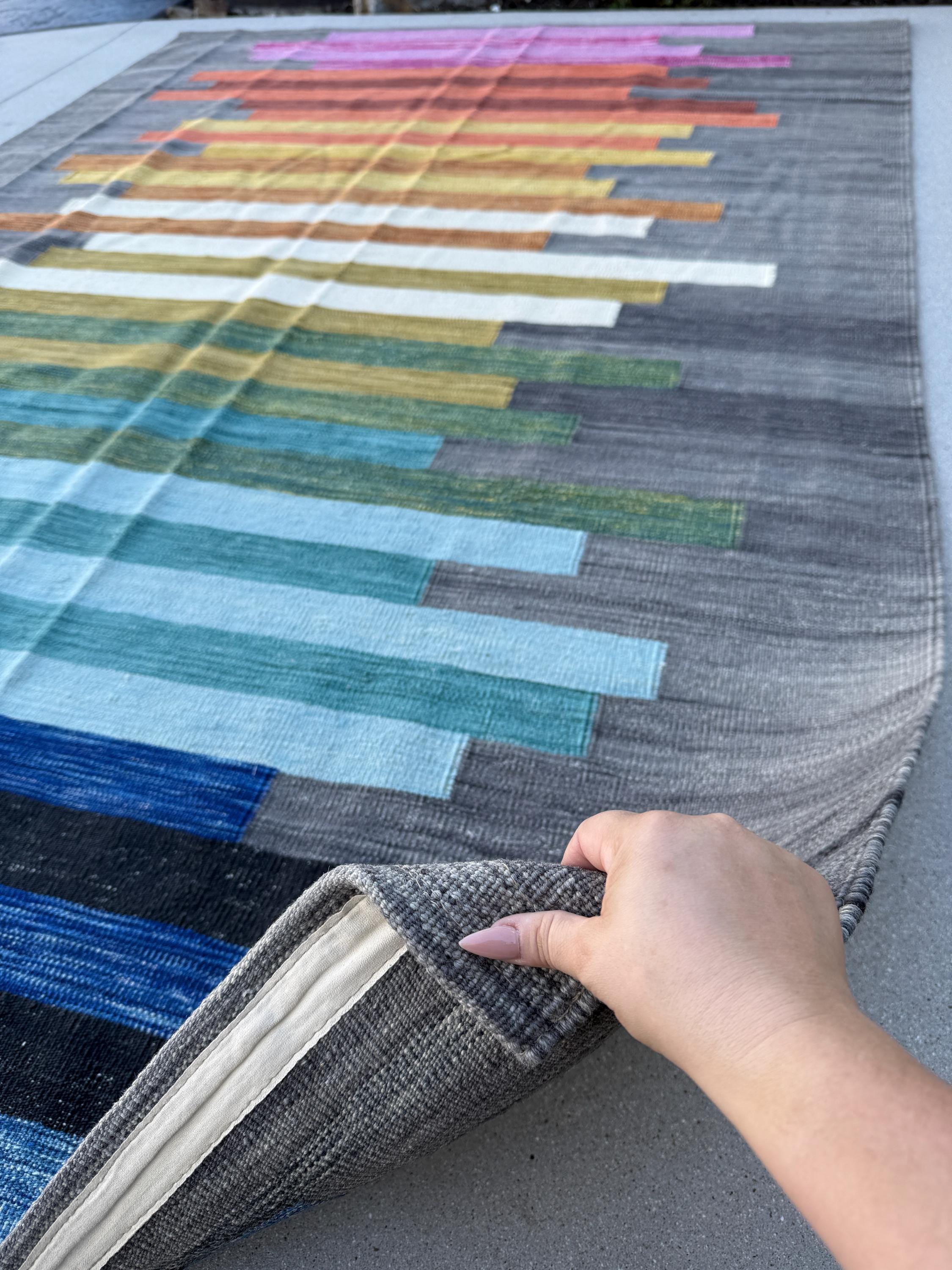 7x10 Handmade Afghan Kilim Rug | Grey Pink Orange Gold Yellow Teal Olive Green Sky Navy Aqua Blue White | Wool Handwoven Handknotted Scandi