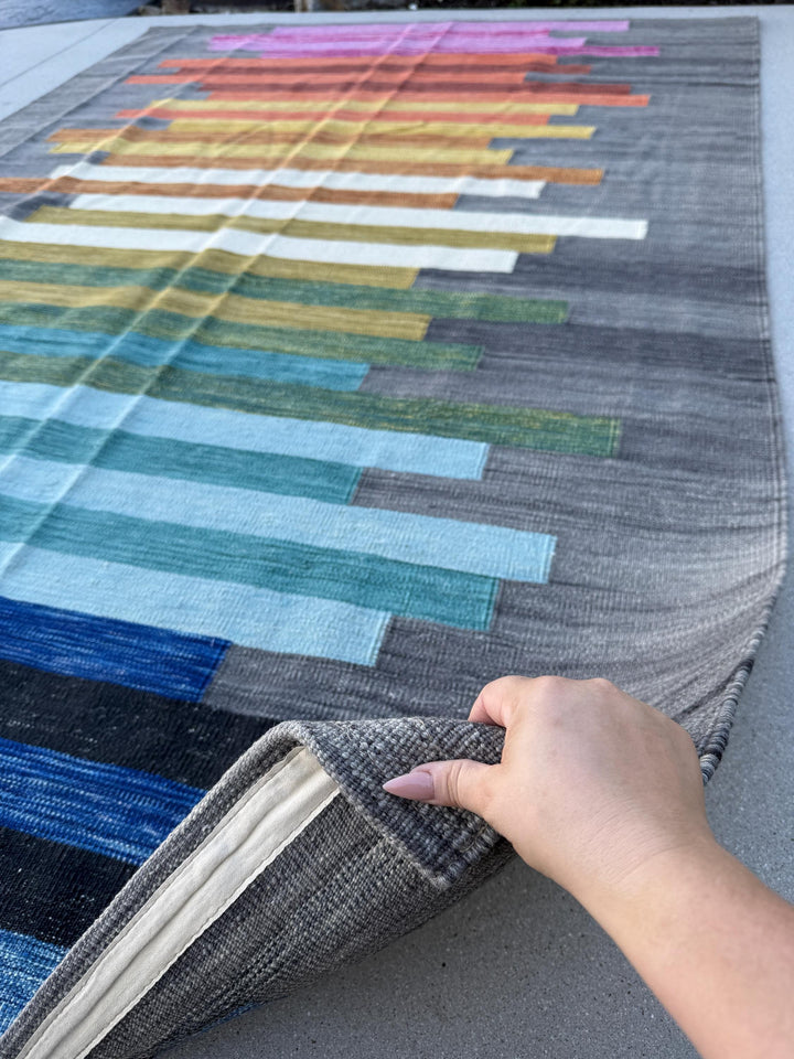 7x10 Handmade Afghan Kilim Rug | Grey Pink Orange Gold Yellow Teal Olive Green Sky Navy Aqua Blue White | Wool Handwoven Handknotted Scandi