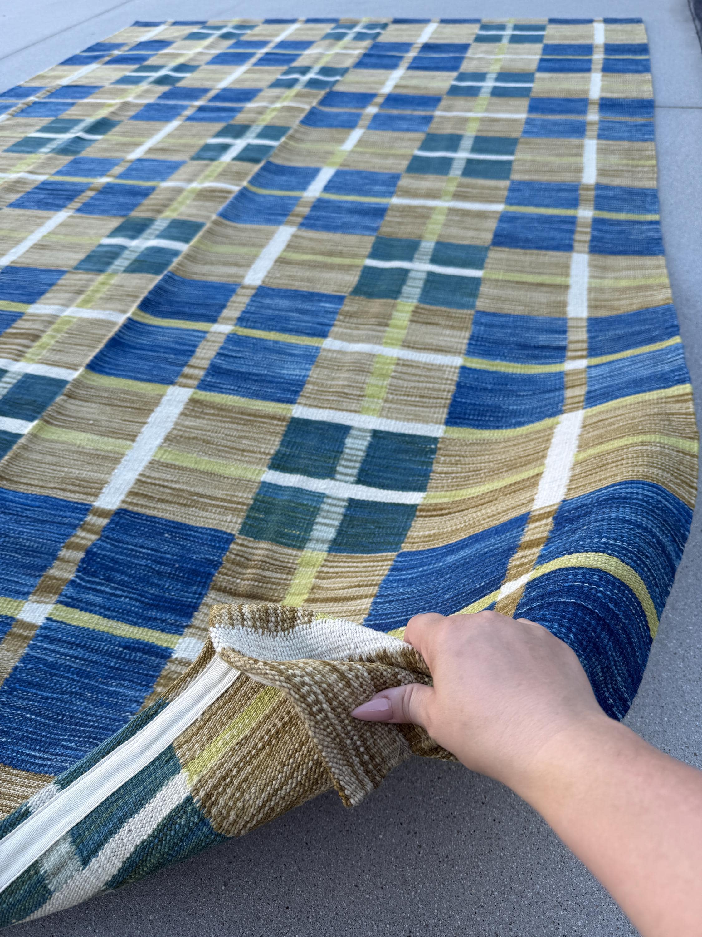 6-7x10 (213x305) Handmade Afghan Kilim Rug | Royal Blue Mustard Gold Yellow Forest Green Ivory White Beige Tan | Wool Handwoven Handknotted