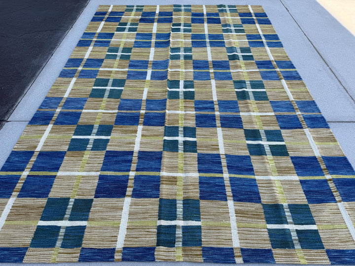 6-7x10 (213x305) Handmade Afghan Kilim Rug | Royal Blue Mustard Gold Yellow Forest Green Ivory White Beige Tan | Wool Handwoven Handknotted