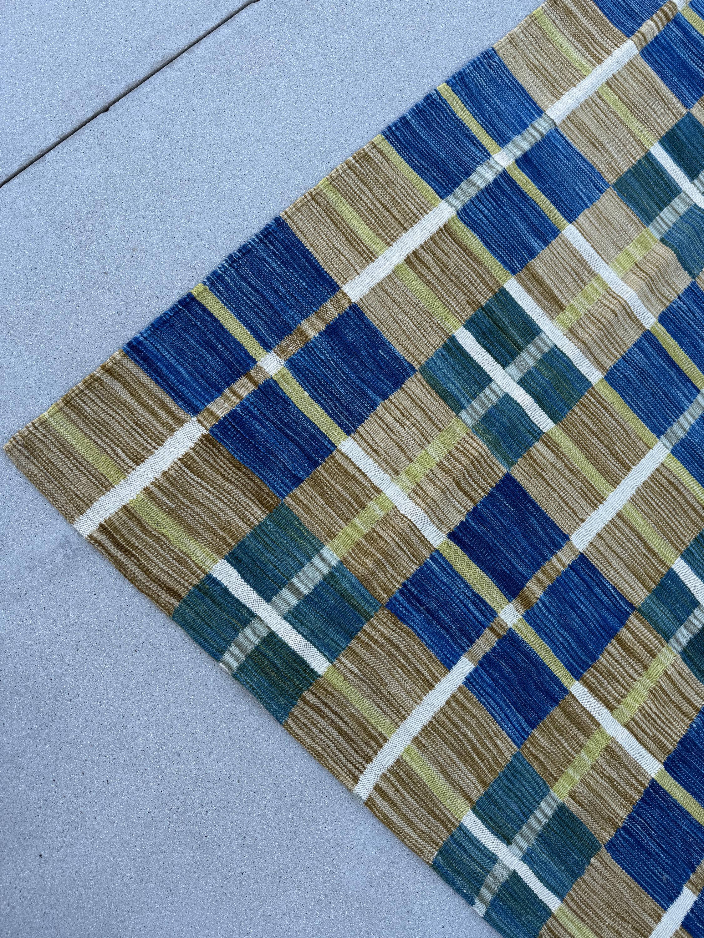 6-7x10 (213x305) Handmade Afghan Kilim Rug | Royal Blue Mustard Gold Yellow Forest Green Ivory White Beige Tan | Wool Handwoven Handknotted