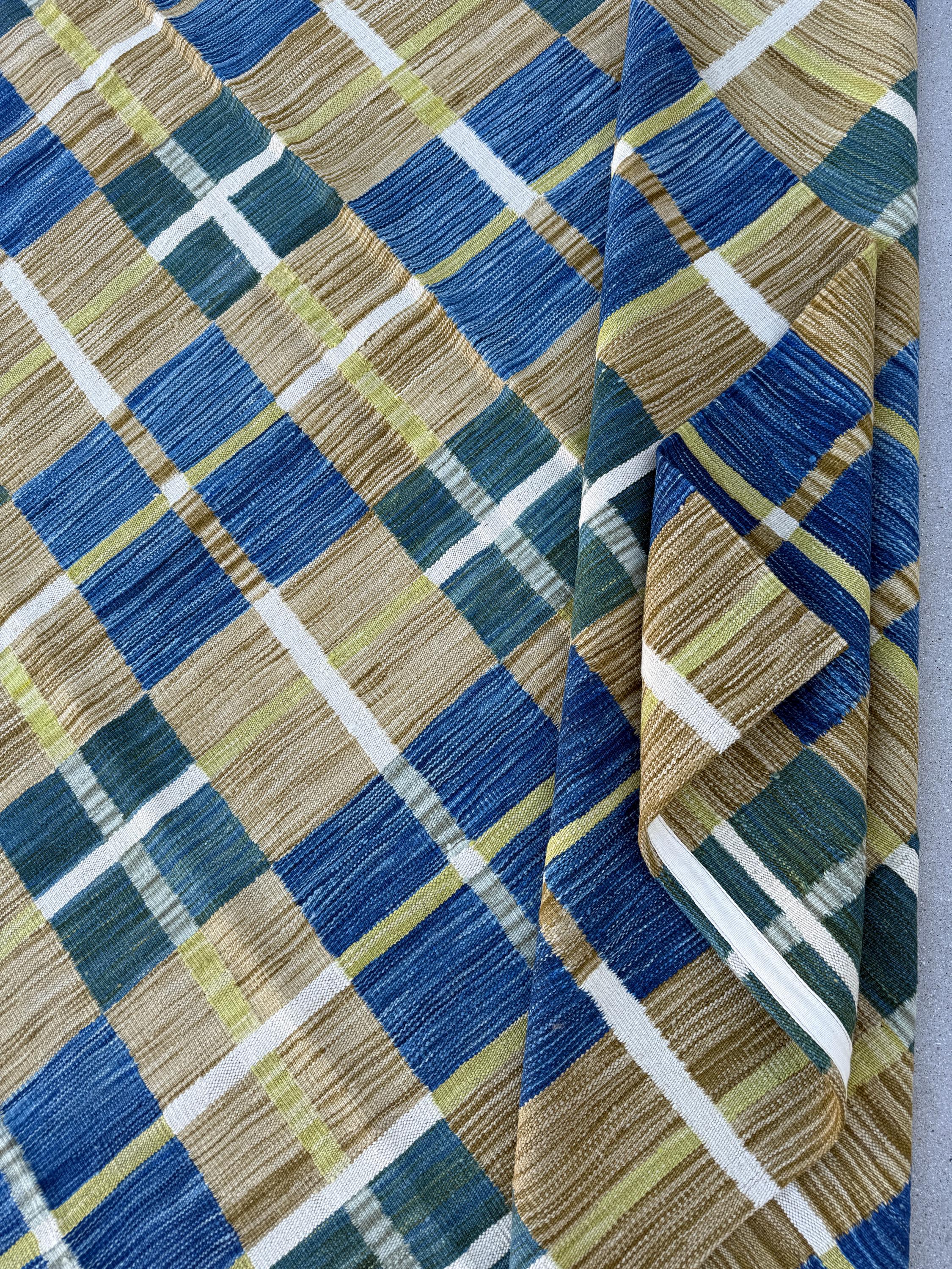 6-7x10 (213x305) Handmade Afghan Kilim Rug | Royal Blue Mustard Gold Yellow Forest Green Ivory White Beige Tan | Wool Handwoven Handknotted