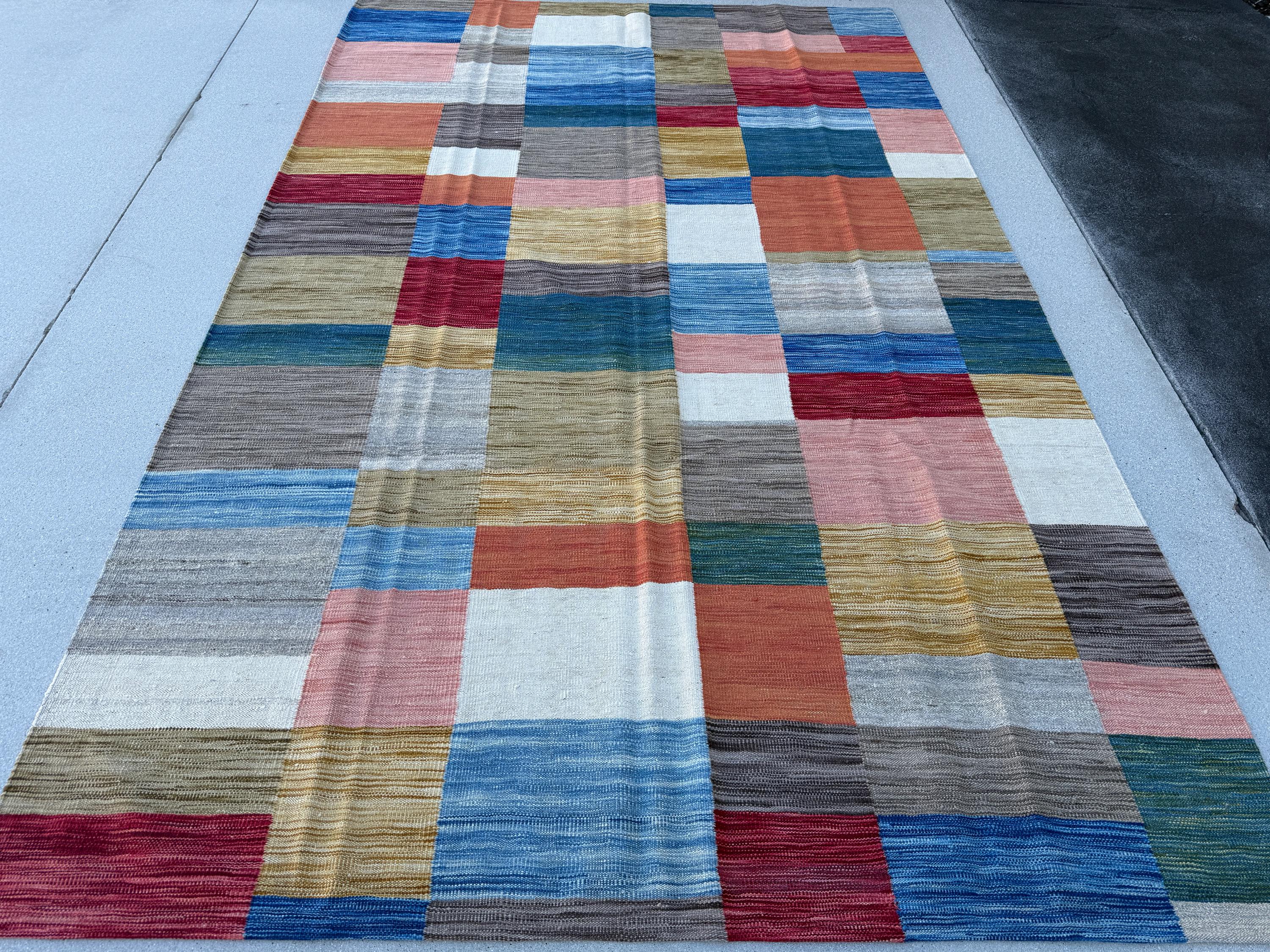 7x10 (213x305) Handmade Afghan Kilim Rug | Denim Royal Blue Cherry Garnet Red Orange Gold Yellow Olive Forest Green White Gray Baby Pink Tan