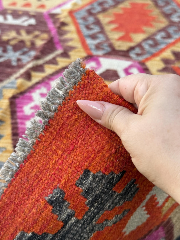 8x10 Handmade Afghan Kilim Rug | Orange Fuchsia Pink Gold Cornsilk Yellow Chocolate Sand Brown Beige Cream Gray White | Flatweave Bohemian