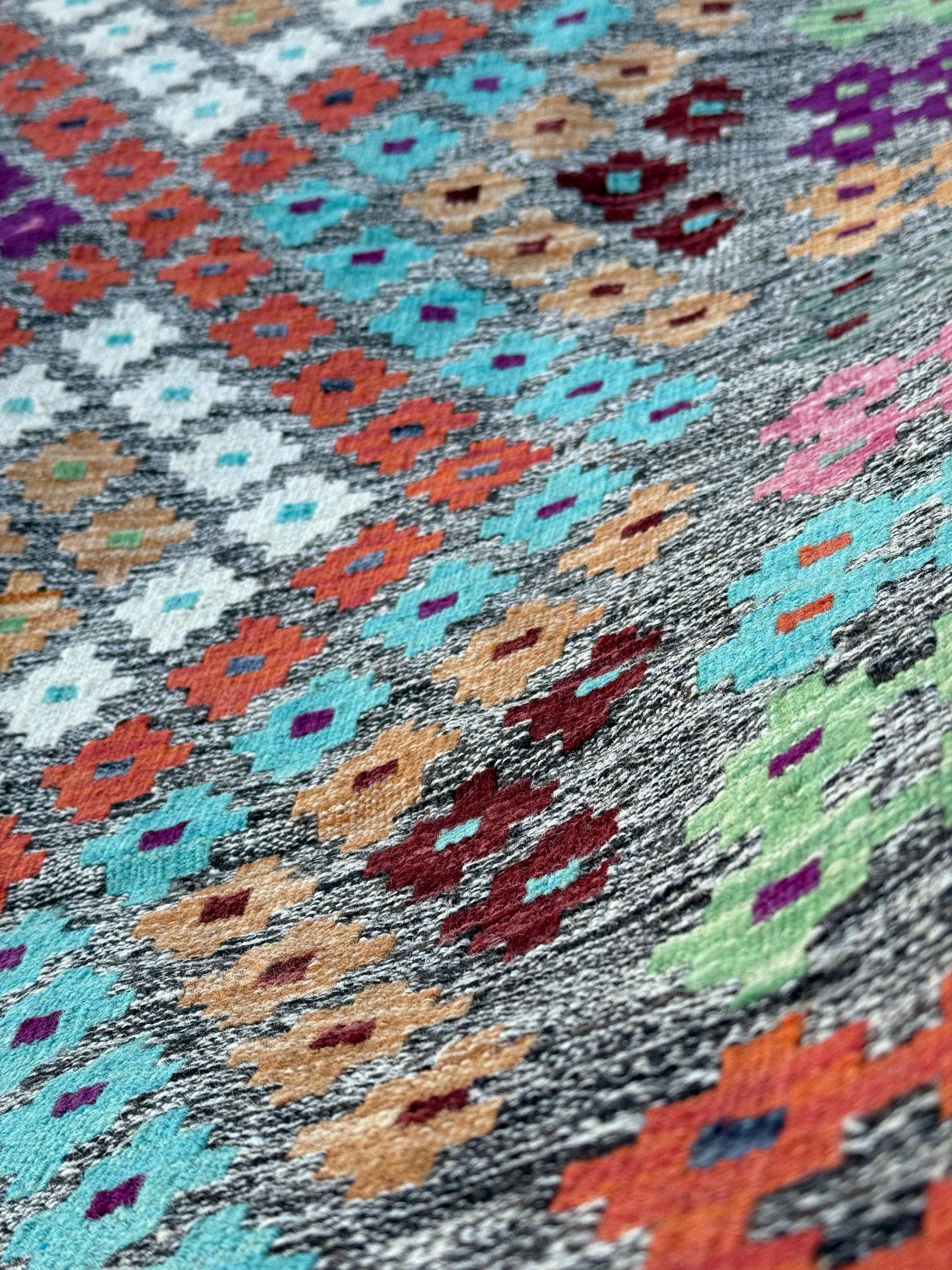 6x9 (183x274) Handmade Afghan Kilim Rug | Grey Turquoise Eggplant Purple Blush Pink Orange Maroon Mint Green White Burgundy | Wool Turkish