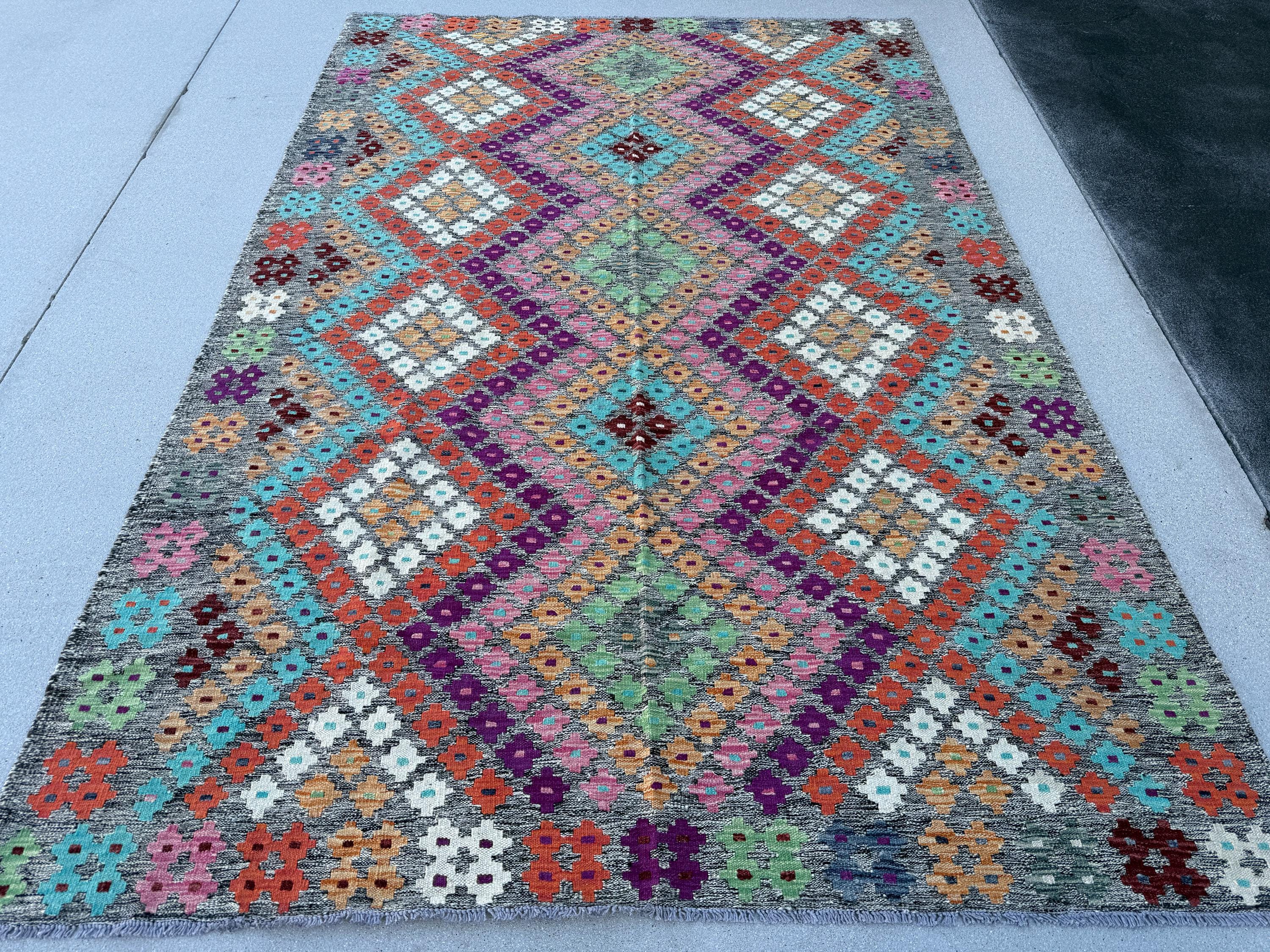 6x9 (183x274) Handmade Afghan Kilim Rug | Grey Turquoise Eggplant Purple Blush Pink Orange Maroon Mint Green White Burgundy | Wool Turkish