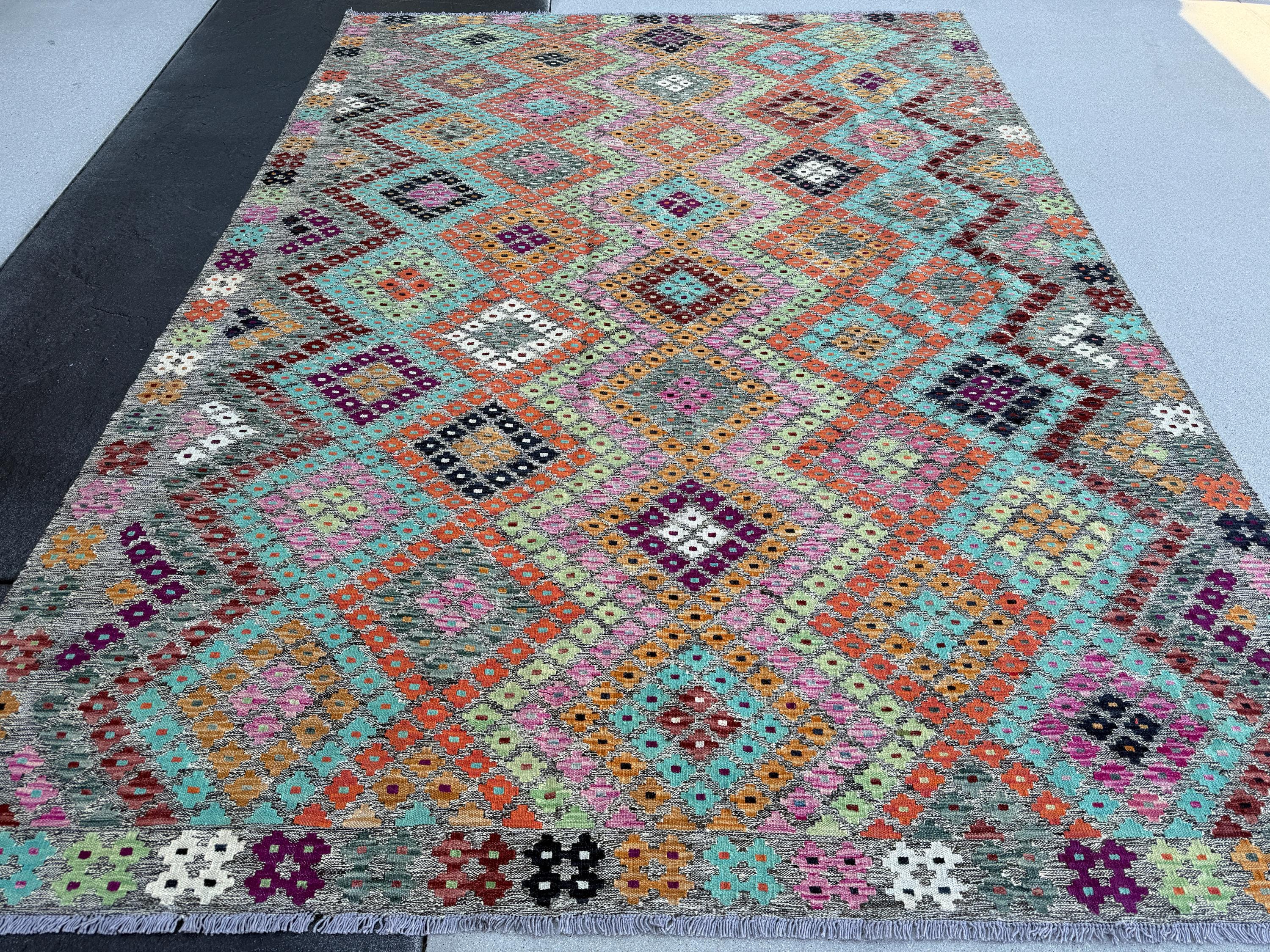 7x10 (213x305) Handmade Afghan Kilim Rug | Rust Burnt Orange Charcoal Gray Turquoise Aqua Blue Black Cream Rose Pink Lime Green Burgundy