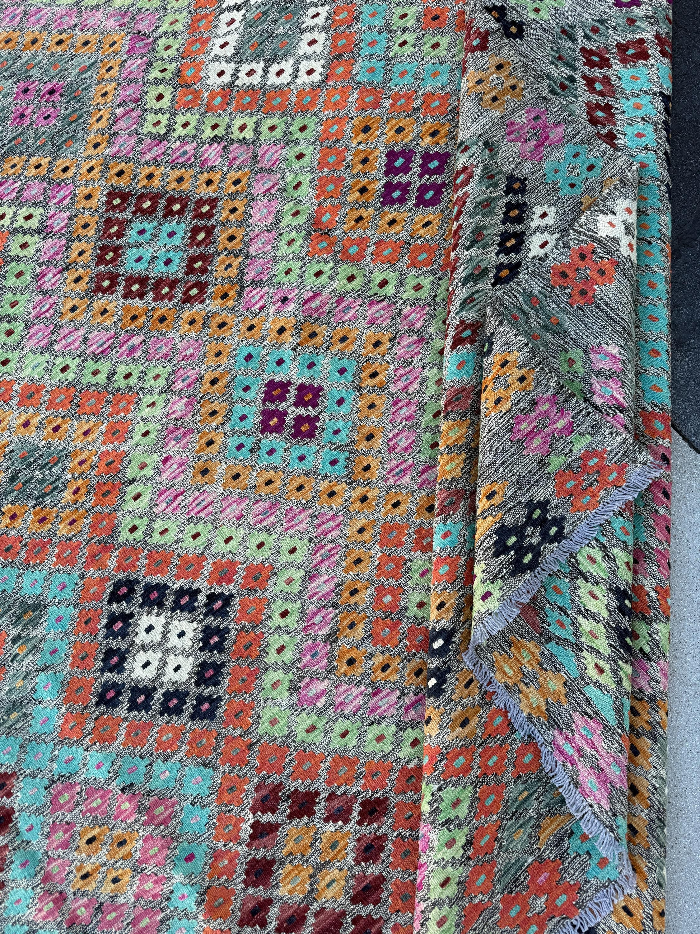 7x10 (213x305) Handmade Afghan Kilim Rug | Rust Burnt Orange Charcoal Gray Turquoise Aqua Blue Black Cream Rose Pink Lime Green Burgundy