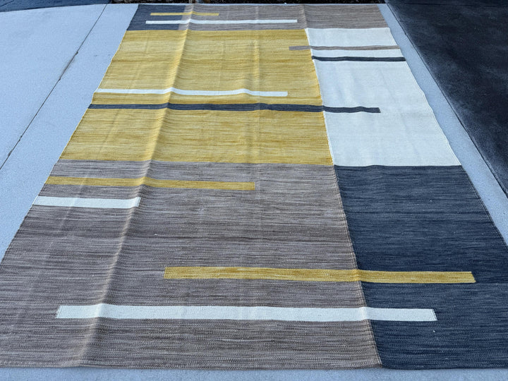 7x9-10 (213x305) Handmade Afghan Kilim Rug | Mustard Yellow Gold Charcoal Gray White Beige Taupe White Ivory | Wool Handknotted Abstract