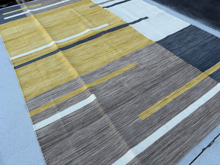 7x9-10 (213x305) Handmade Afghan Kilim Rug | Mustard Yellow Gold Charcoal Gray White Beige Taupe White Ivory | Wool Handknotted Abstract