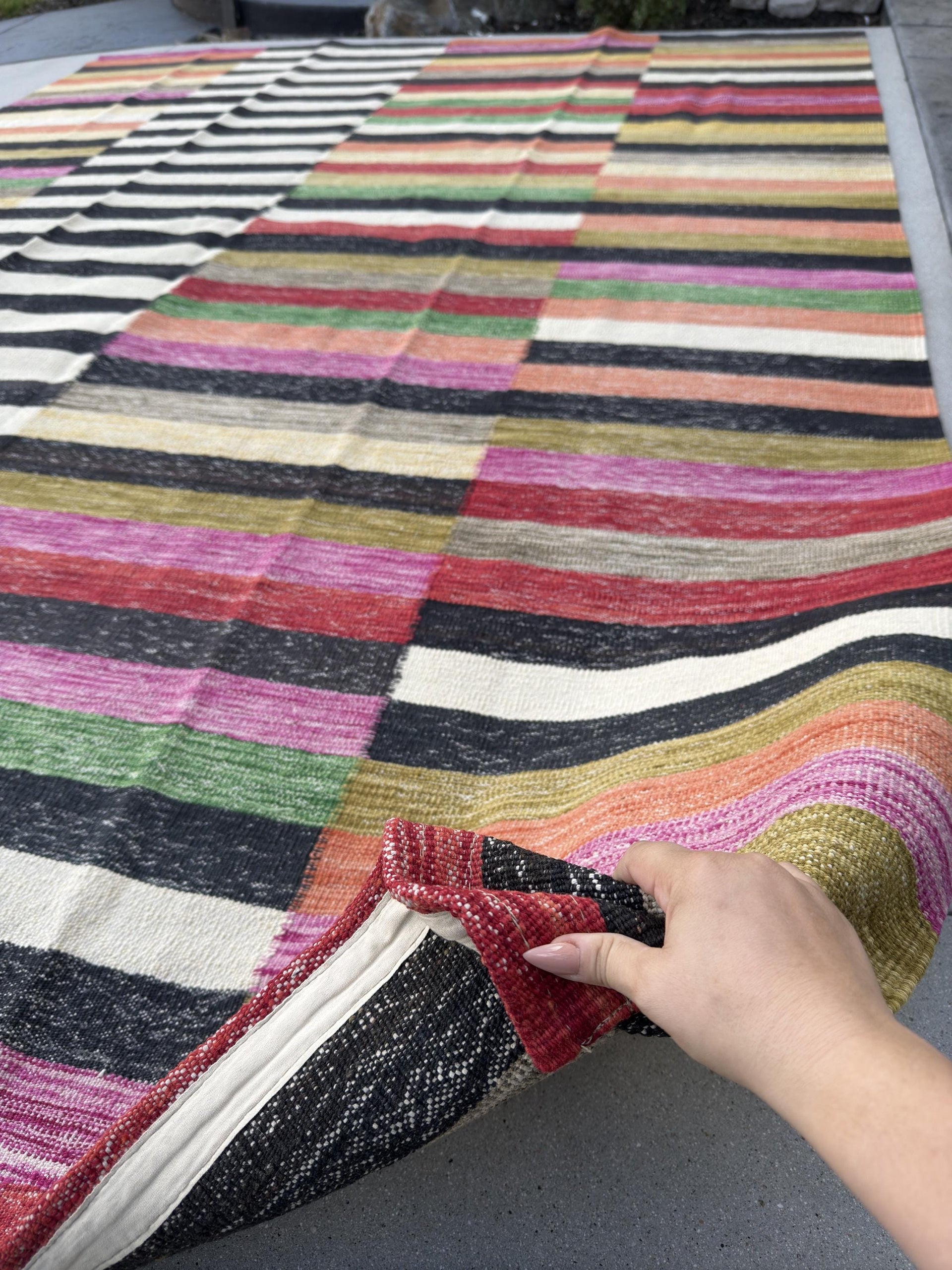 8x11 Handmade Afghan Kilim Rug | White Black Blood Red Pine Olive Green Cornsilk Gold Yellow Fuchsia Magenta Pink Grey Taupe Cream | Wool