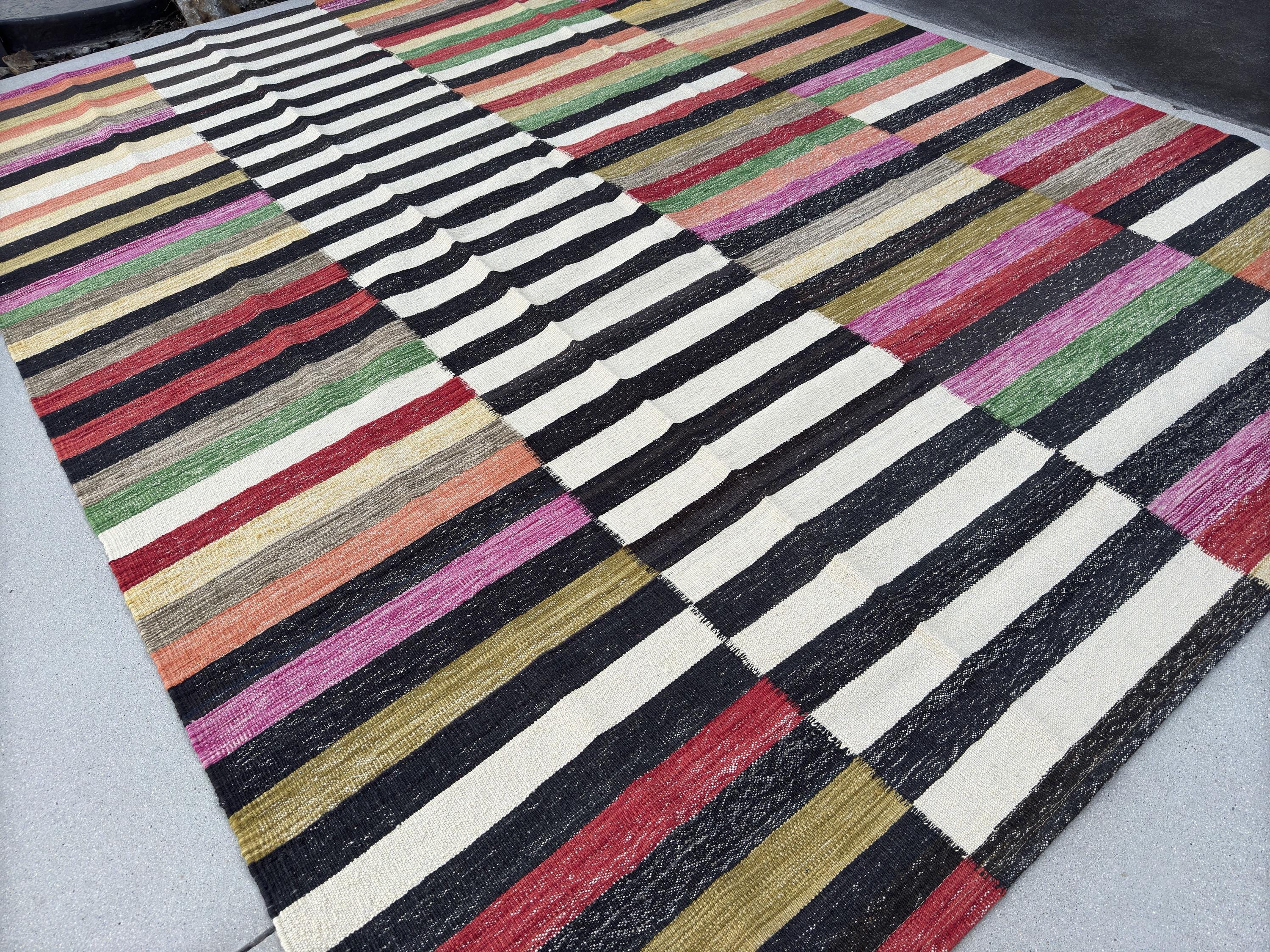 8x11 Handmade Afghan Kilim Rug | White Black Blood Red Pine Olive Green Cornsilk Gold Yellow Fuchsia Magenta Pink Grey Taupe Cream | Wool