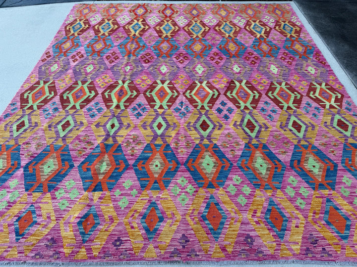 9x10 Handmade Afghan Kilim Rug | Magenta Pink Purple Yellow Orange Sky Denim Blue Mint Green Burgundy Maroon Brown | Flatweave Boho Bohemian