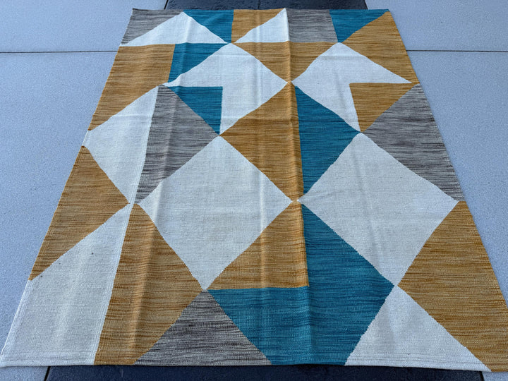 5x7 Handmade Afghan Kilim Rug | Ivory Cream Beige Teal Blue Saffron Gold Mustard Yellow Honey Orange Slate Charcoal Grey | Wool Handwoven